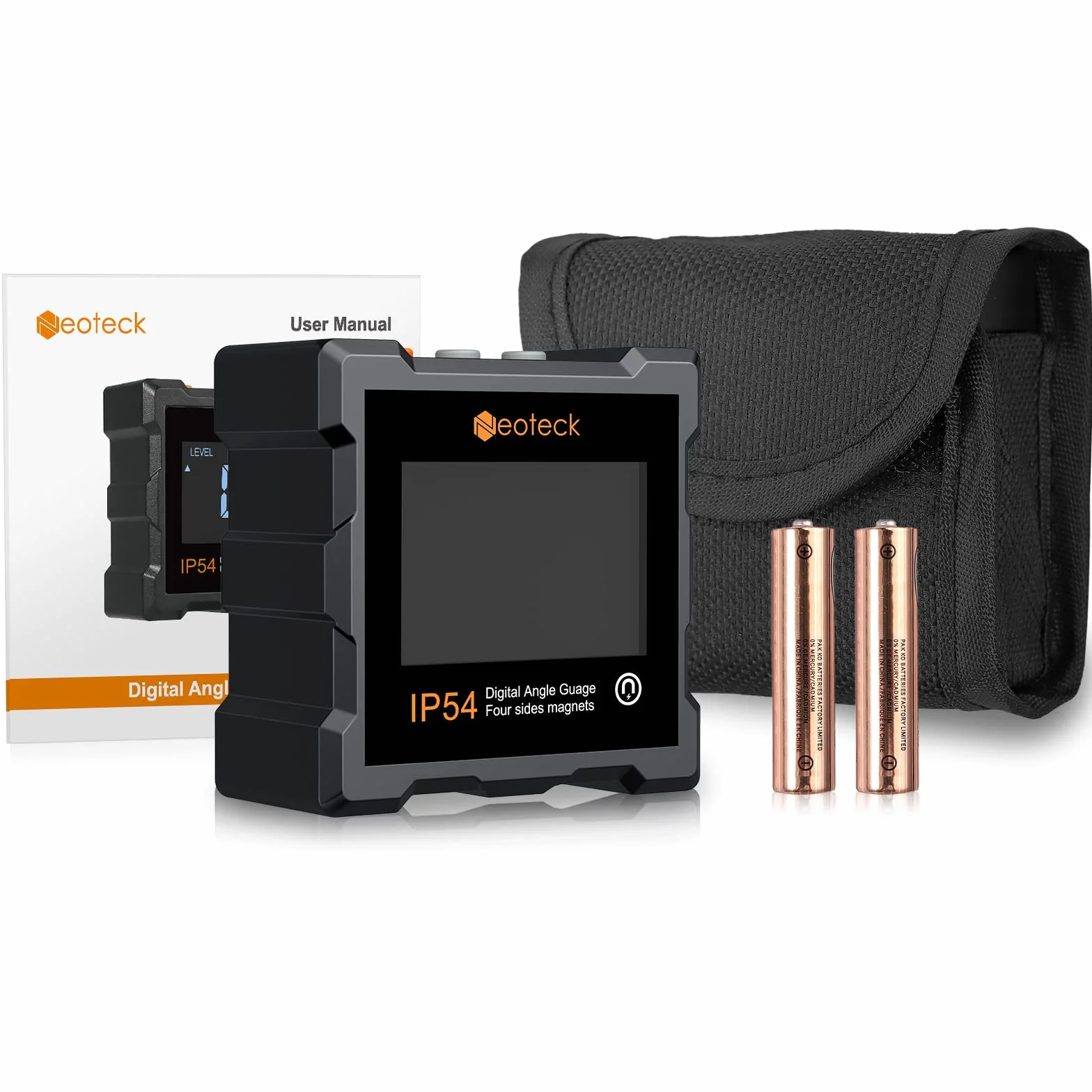 Neoteck Cyfrowy kątomierz kątowy 4 x 90° z funkcją automatycznego obracania IP54 Wodoodporny cyfrowy poziom magnetyczny/% duży wyświetlacz LCD z akumulatorem śrubokrętem