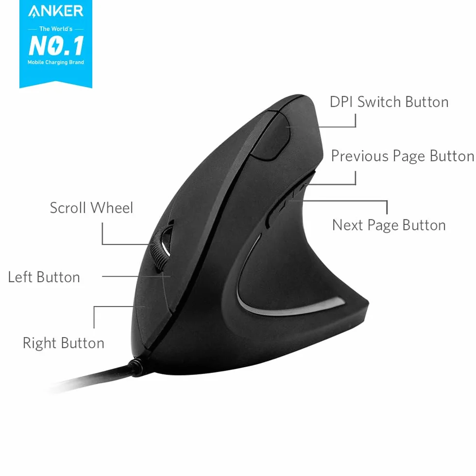 Anker Pionowa mysz ergonomiczna optyczna USB 1000/1600 DPI 5 przycisków