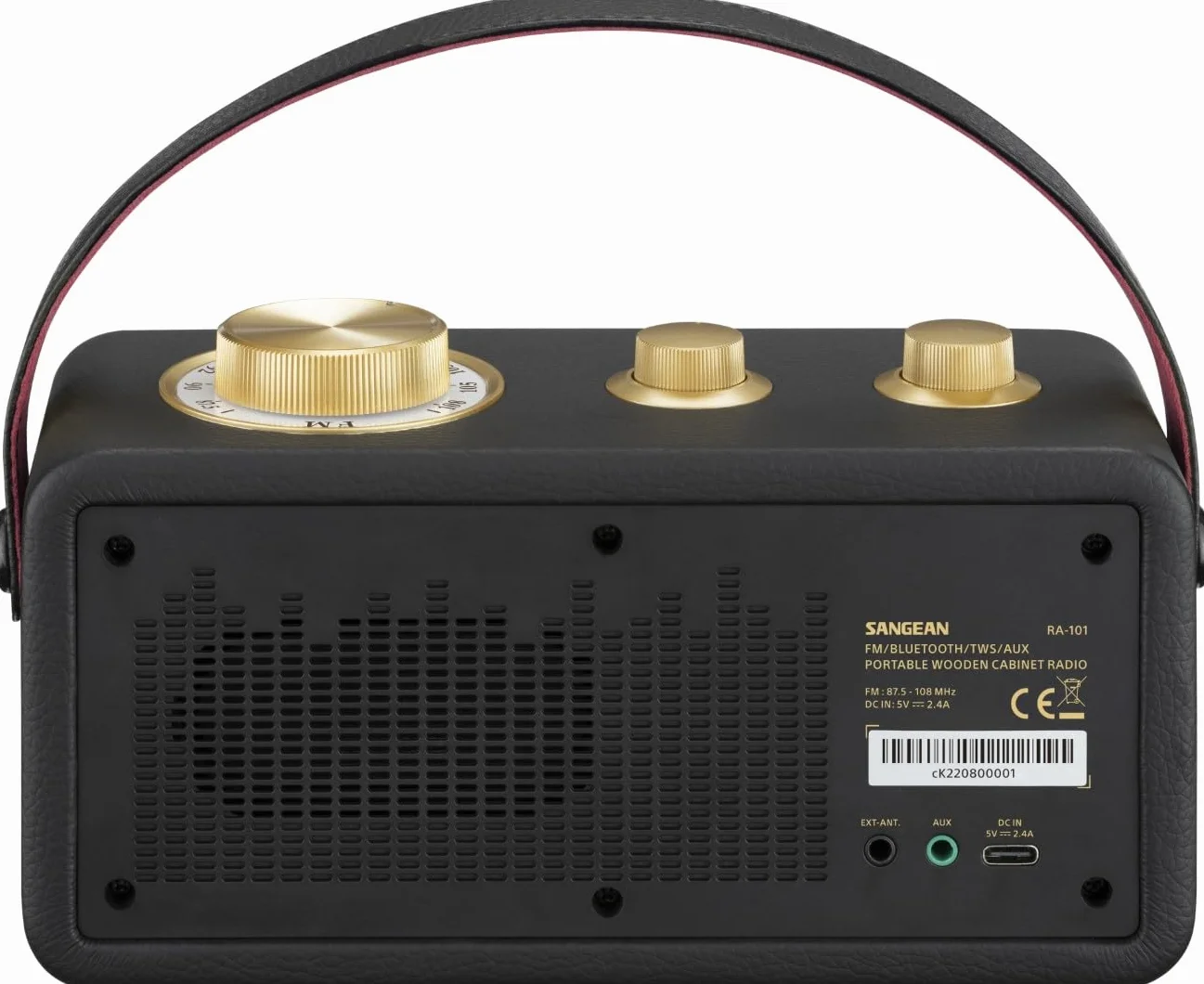 Sangean RA-101 Black Gold. Retro wzór drewna i skóry syntetycznej. Bluetooth 5.0. Autonomia 19 Godziny z pełnym obciążeniem. AUX-in dla zewnętrznych źródeł audio.
