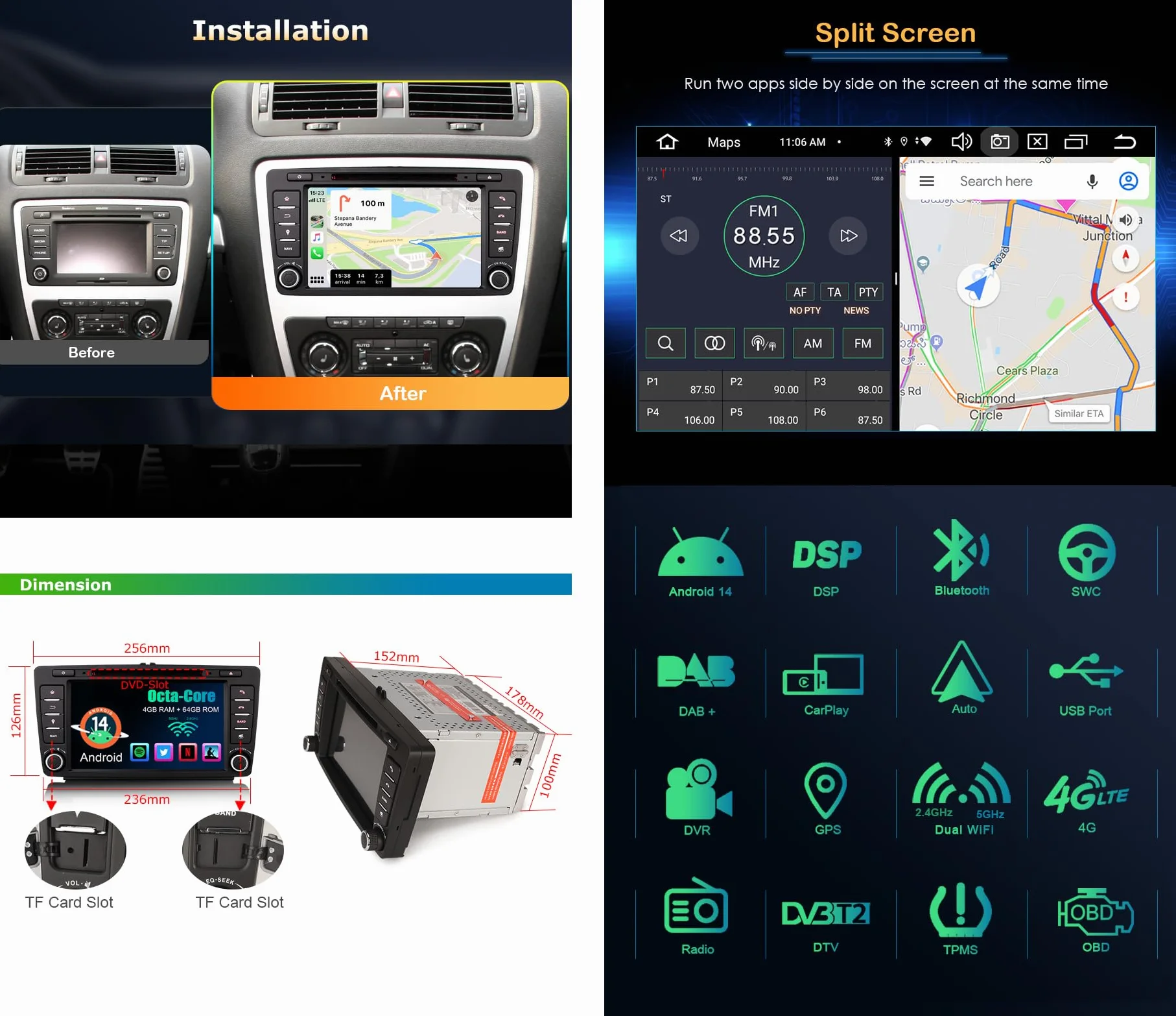 Android 14 8-rdzeniowe radio samochodowe 8 cali do Skoda Octavia MK2 Roomster Rapid Superb Yeti z Carplay Android Auto Bluetooth 5.0, GPS, WiFi, 4G, Canbus, RDS, ekran dotykowy DAB+, DVD, DSP,