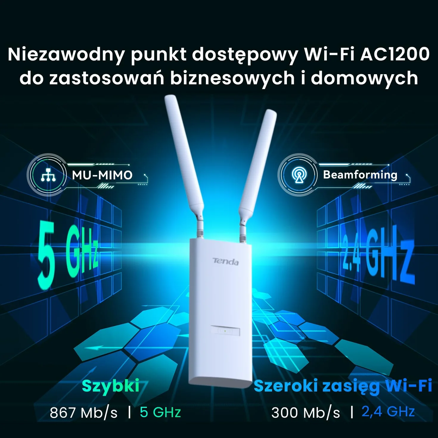 Tenda OAP1200 zewnętrzny punkt dostępowy AC1200 Gigabit Dualband PoE IP65 biały