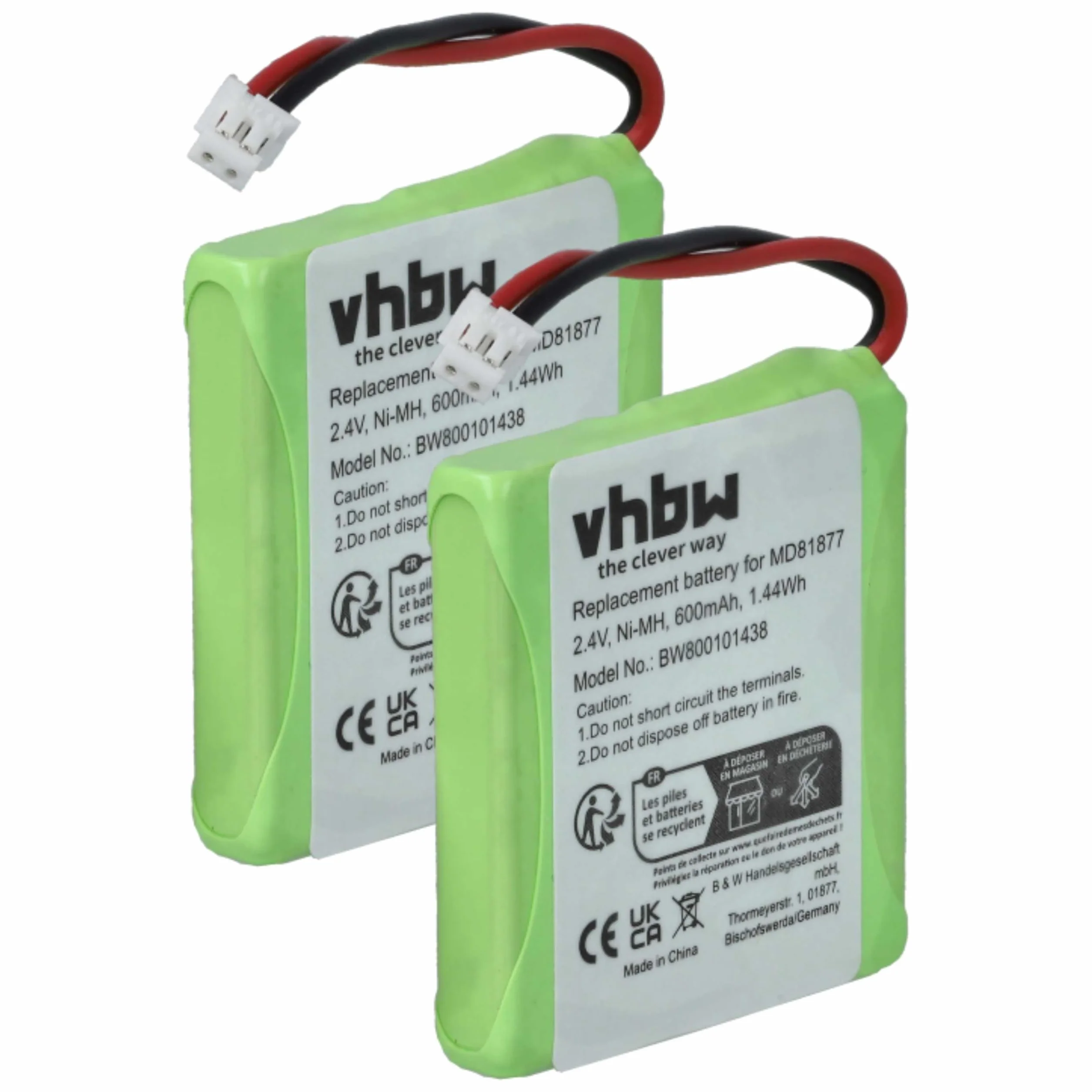 vhbw 2x Bateria kompatybilna z Xenios ICB010 ACB015 ACB010 ICB015 do telefonu stacjonarnego bezprzewodowego 600mAh 2,4V NiMH