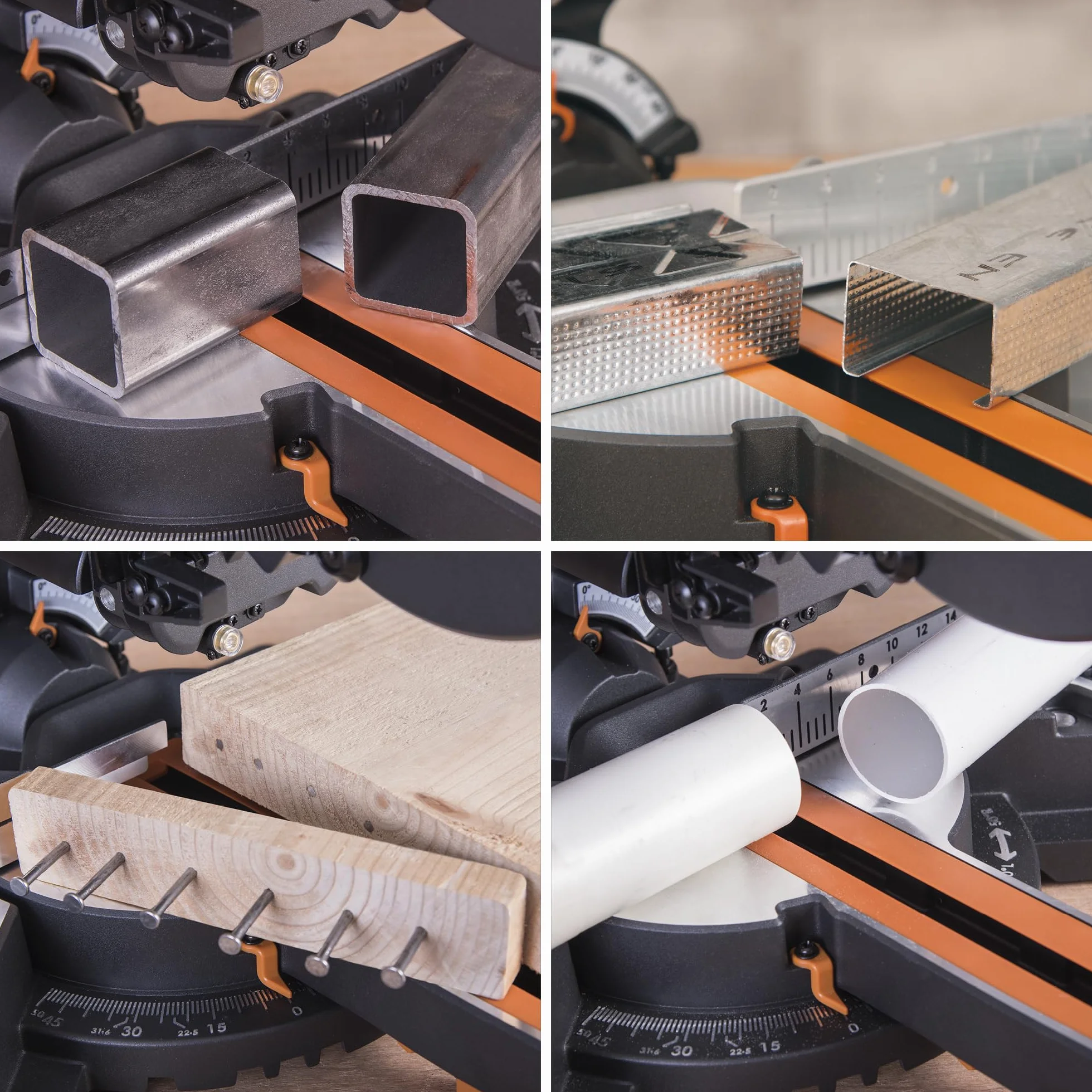 Evolution Power Tools Przesuwna ukośnica do cięć złożonych Plus R210SMS+ – w zestawie tarcza do różnych materiałów, tnie drewno, metal, plastik i inne, cięcie z nachyleniem i ukośne, 210 mm (230 V)