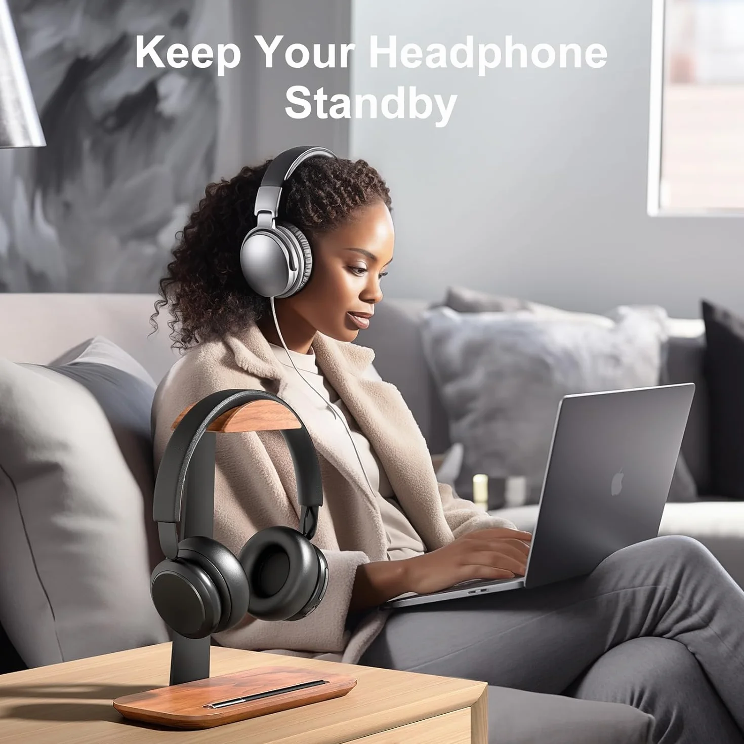 Stojak na słuchawki z drewna orzechowego, uchwyt na słuchawki z naturalnego drewna z podstawą do przechowywania, kompatybilny z AirPods Max, Beats, Bose, Sony, Sennheiser, Gaming, itp