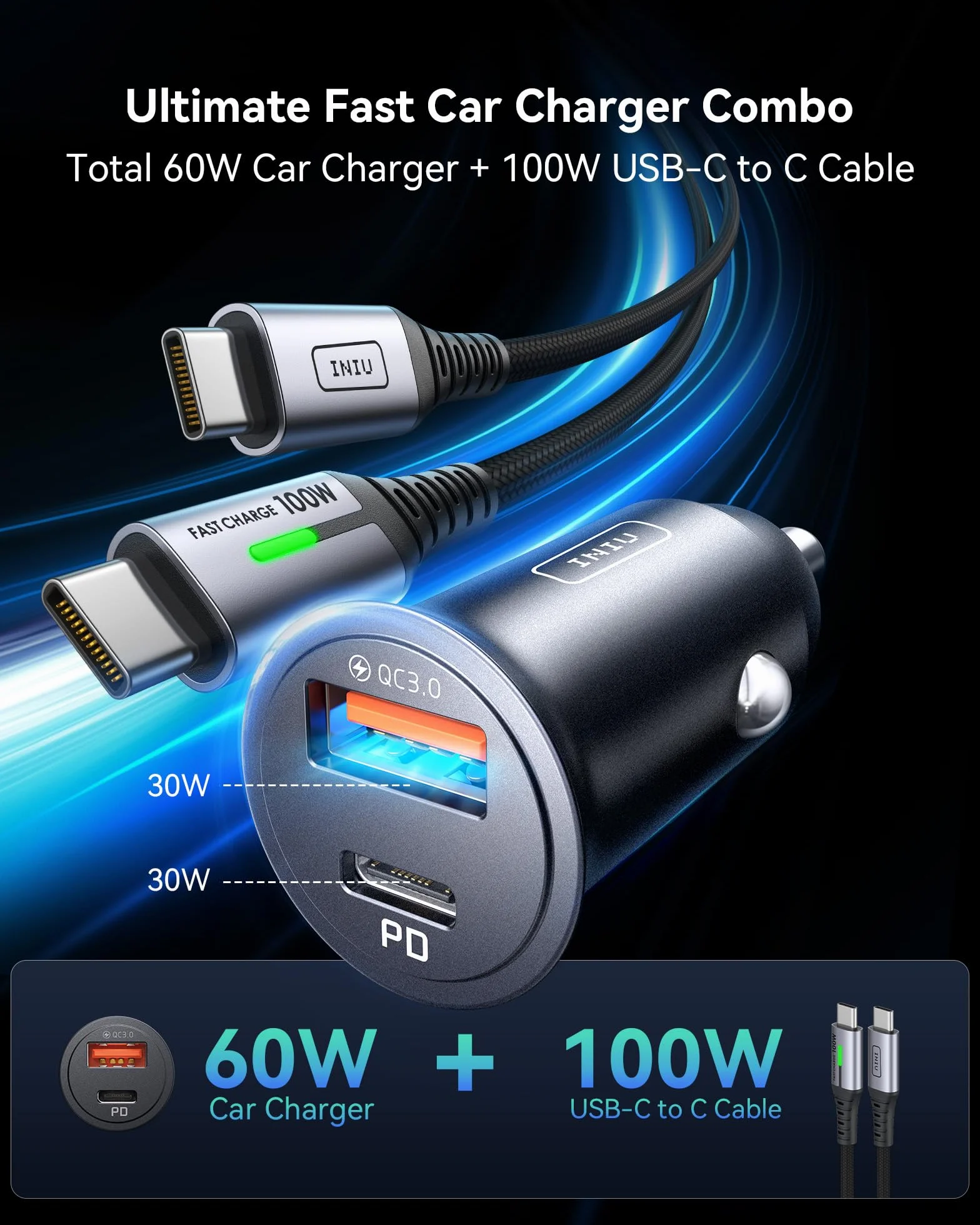 INIU Ładowarka samochodowa 60W USB C 30W USB A 30W PD QC3.0 100W zapalniczka samochodowa