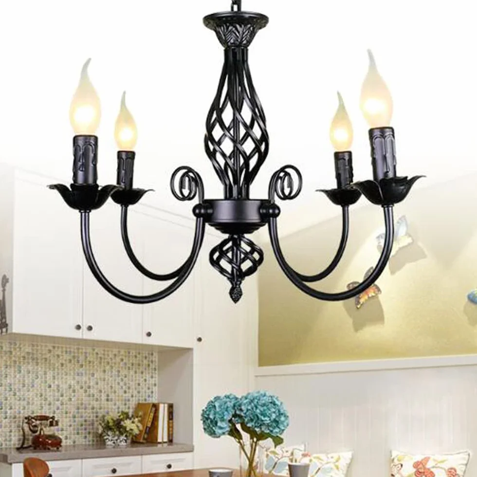 Antyczny żyrandol Klasyczny E14 świeca Lampa Wisząca Francuska Retro Czarna Lampa Wisząca z Regulacją Wysokości Wiejski Styl Oświetlenie do Salonu Kuchnia Jadalnia Alejek,5 heads