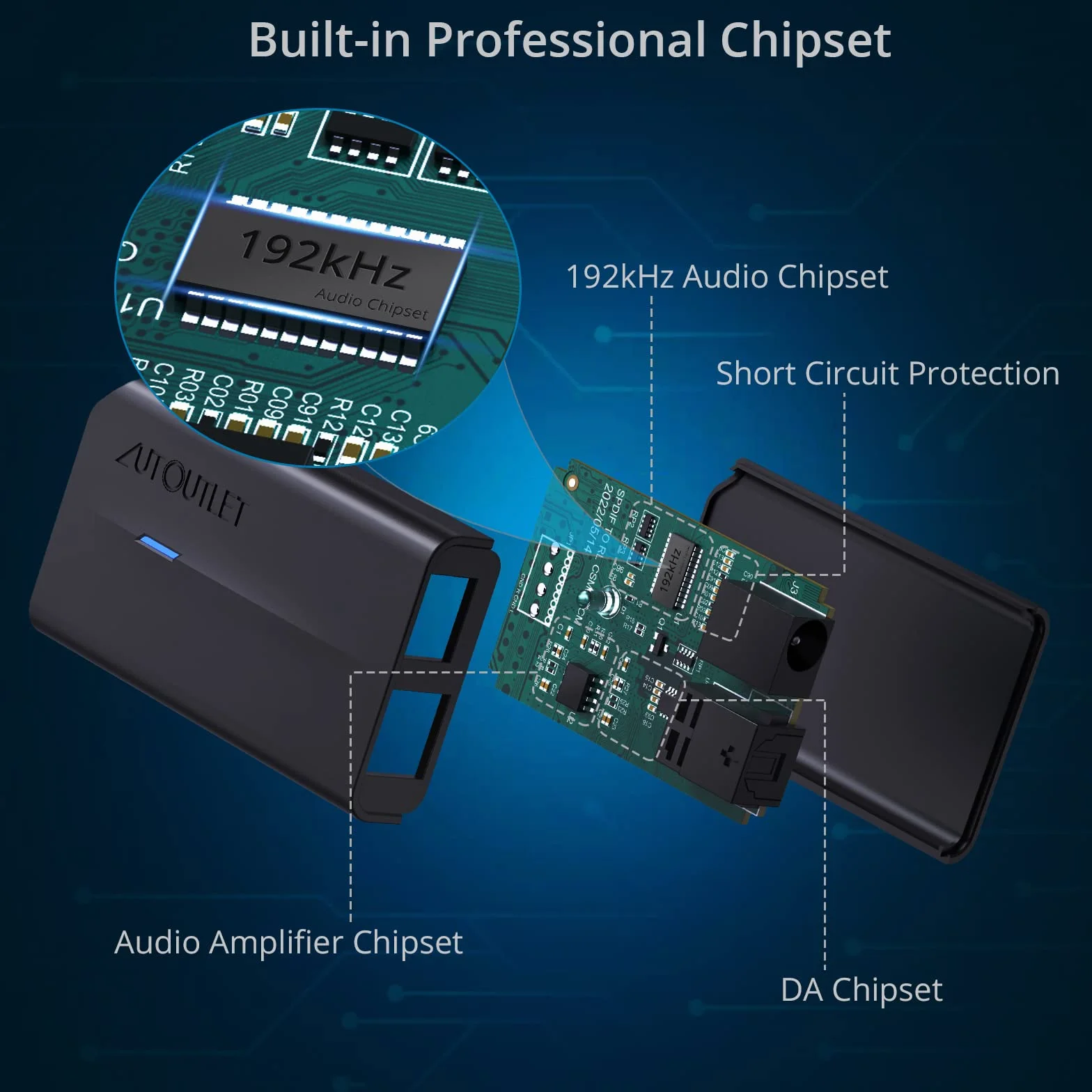 AUTOUTLET Konwerter DA 192 kHz DAC cyfrowy na analogowy audio SPDIF Toslink do RCA z kablem optycznym 1 m do HDTV DVD Blu-ray Sky
