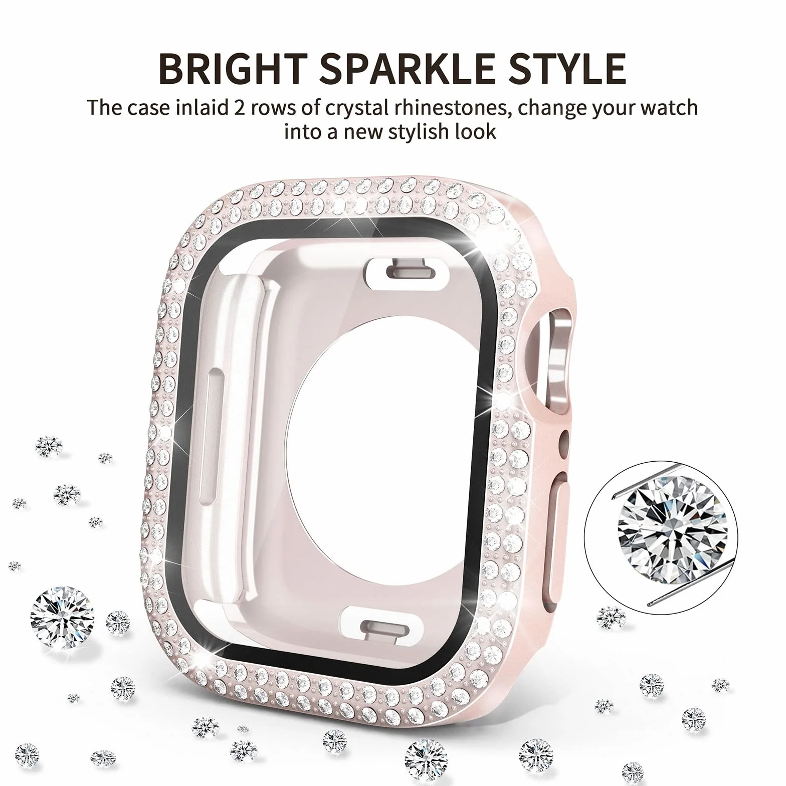Wodoszczelne, błyszczące etui 2 w 1, kompatybilne z Apple Watch 44 mm, SE3/SE2/SE serii 6/5/4, etui ochronne iWatch z diamentami Bling stras, akcesoria, różowe