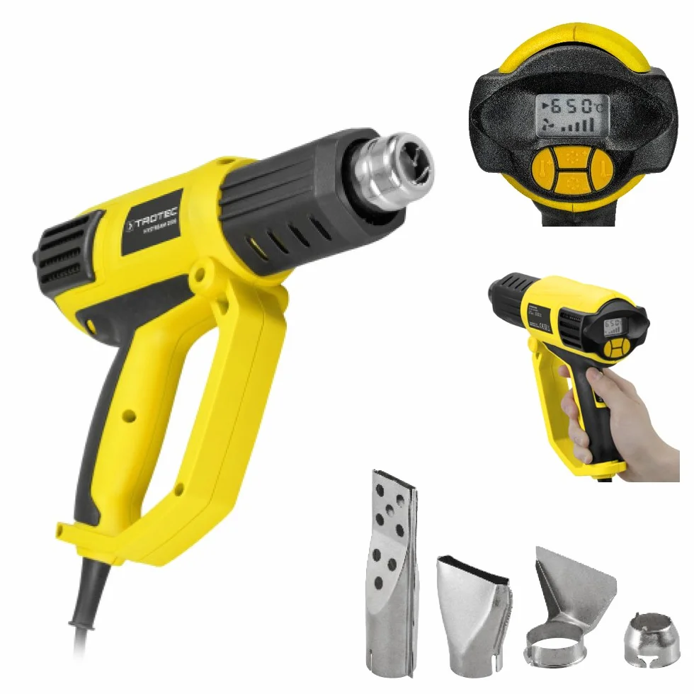 TROTEC Pistolet na gorące powietrze HyStream 2000 – Opalarka poziomy temperatury 50 °/ 650 °, 2000 W – Zabezpieczenie przed przegrzaniem, wyświetlacz LCD, do usuwania farby, lutowania, obkurczania