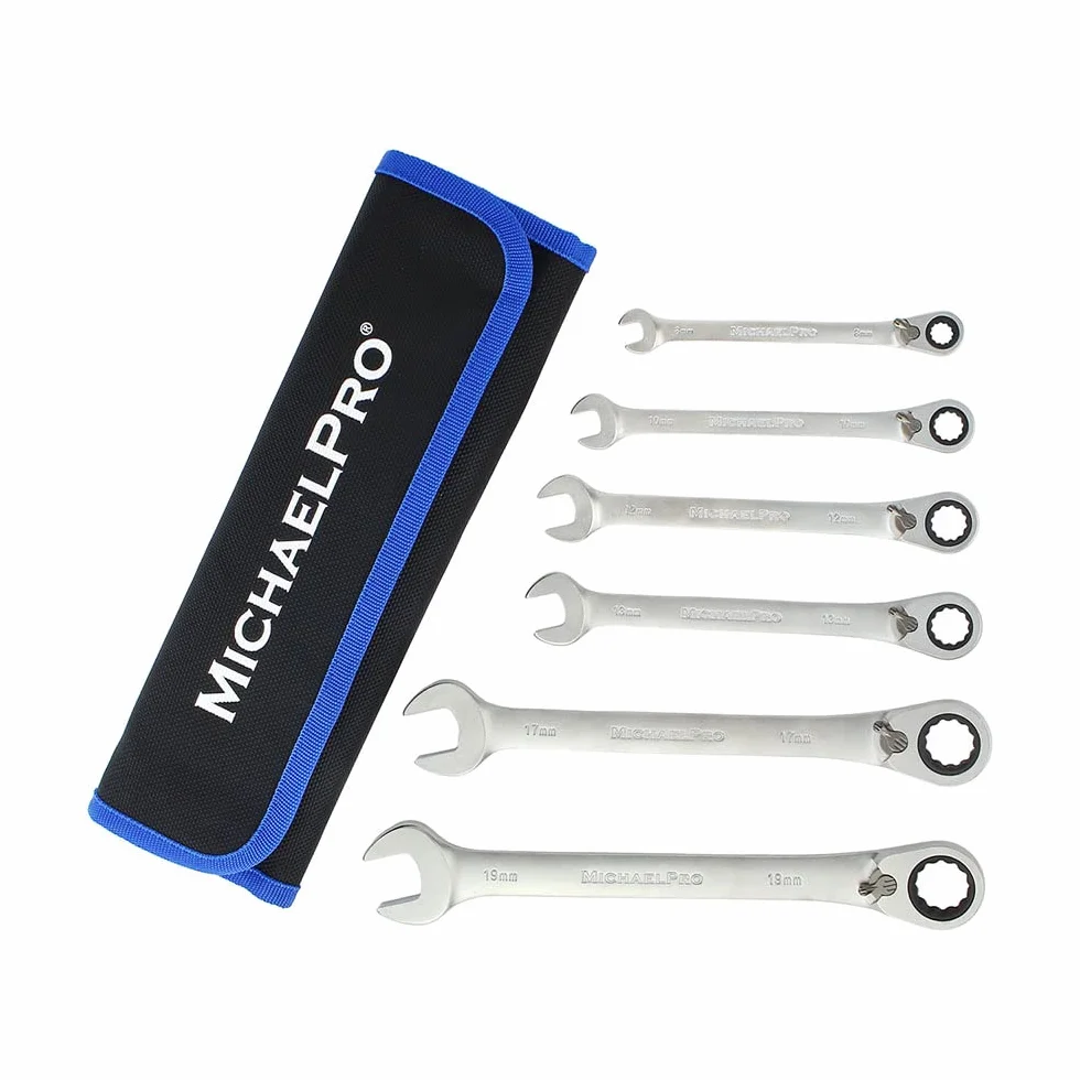 MichaelPro MP001139 zestaw kluczy płasko-oczkowych z przełączaną grzechotką, metryczny, 6-częściowy, 8,10,12,13,17,19 mm, klucz płaski z zwijaną torbą
