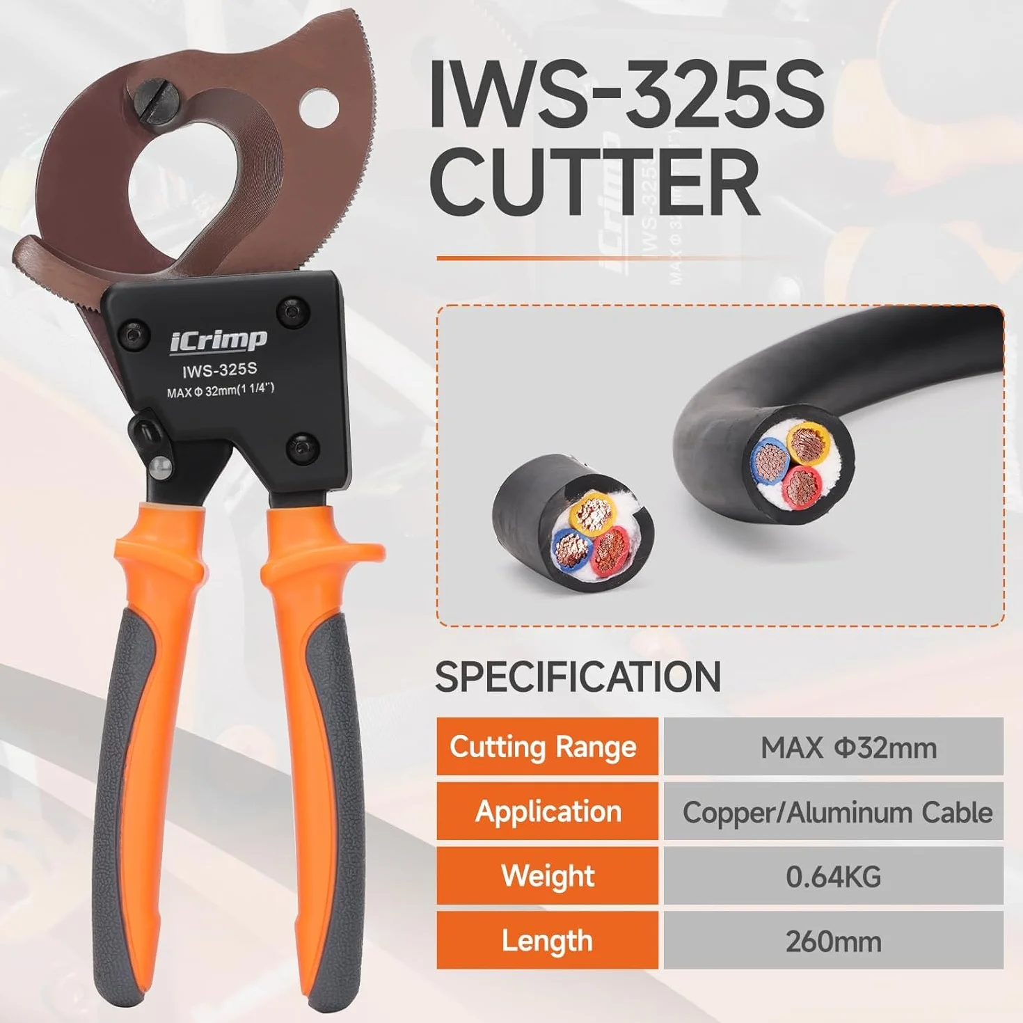 iCrimp IWS-325S przecinak do kabli z grzechotką, tnie do 32 mm średnicy, wysokowydajny przecinak do kabli elektrycznych aluminiowo-miedzianych i wielożyłowych