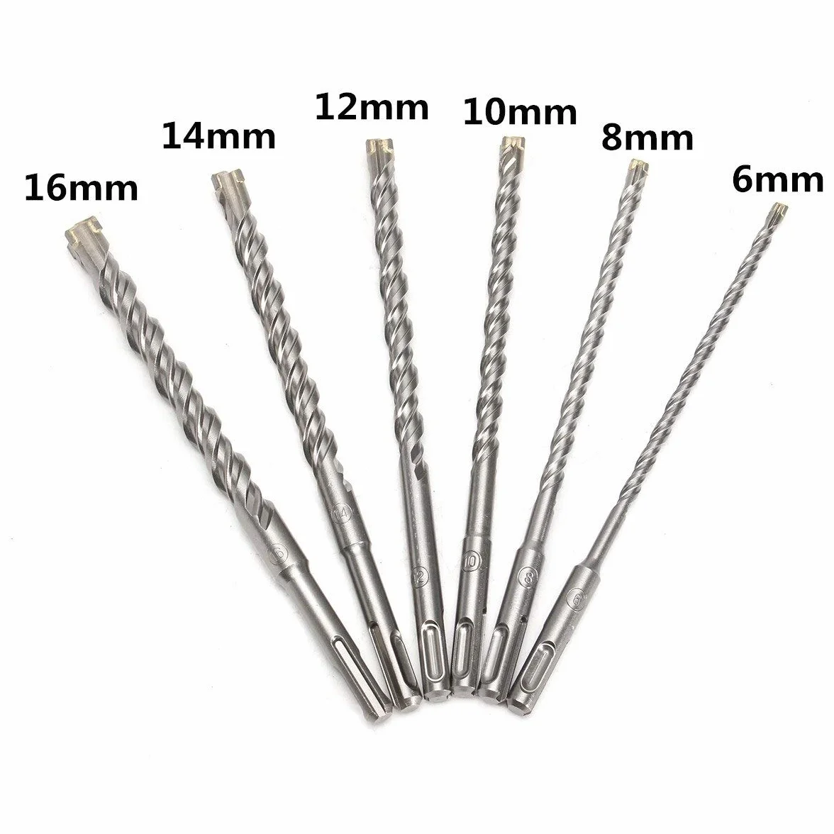 Wiertła SDS, zestaw 6 wierteł do muru 210 mm, wiertła udarowe SDS-Plus 6-16 mm, wiertła udarowe do betonu z końcówką z węglika spiekanego