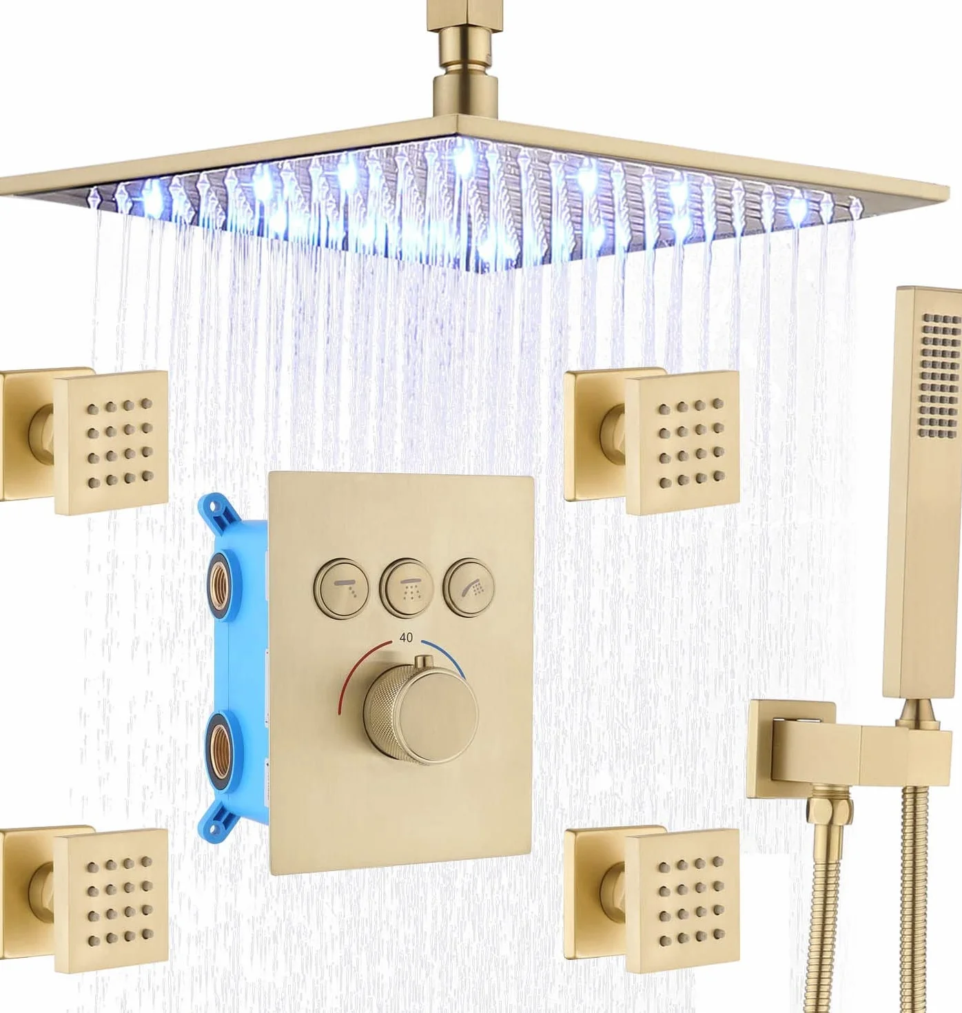 Zestaw termostatycznych mieszaczy prysznicowych, szczotkowane złoto, ukryte 30 cm, montowany na suficie, system głowicy prysznicowej LED z dyszami ciała i ręcznym, może działać jednocześnie