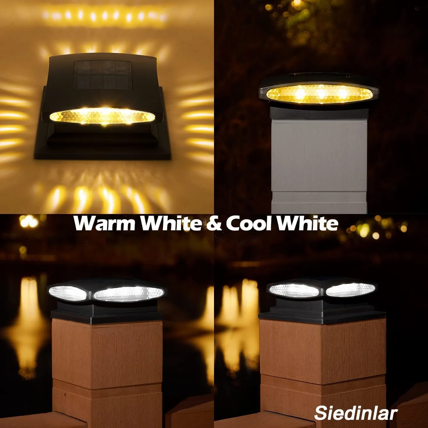 Siedinlar Lampy solarne na zewnątrz, 2 tryby, 24 diody LED, zasilane energią słoneczną, do słupków 4 x 4, 5 x 5, 6 x 6 słupków, ogrodu, patio, dekoracja, ciepła biel i zimna biel, czarna (4 sztuki)