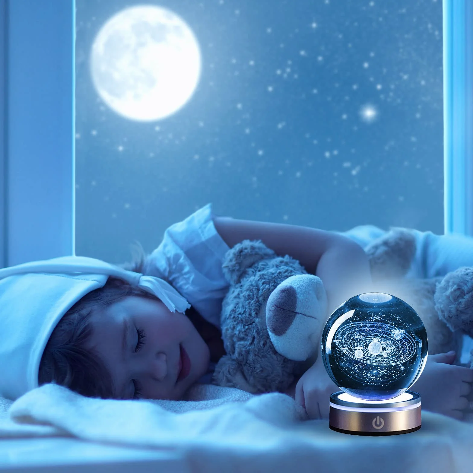 Kryształowa kula 3D, kryształowa kula 3D, światło nocne, układ słoneczny 3D, kryształowa kula z diodami LED, kolorowa lampka nocna, podstawa, kabel USB do transmisji danych, astronomia, prezent