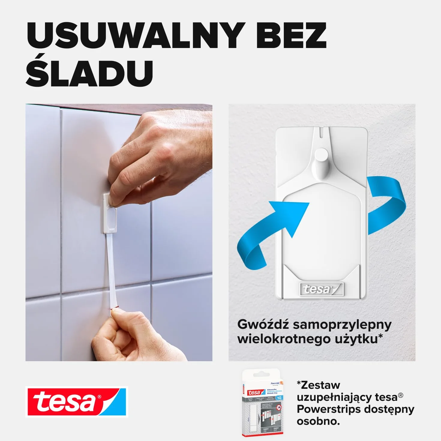 tesa Gwoździe samoprzylepne do płytek i metalu, zestaw 2 szt. – gwoździe samoprzylepne do gładkich i twardych powierzchni w łazience i kuchni, 2 kg siły trzymania – zdejmowane i wielokrotnego użytku –