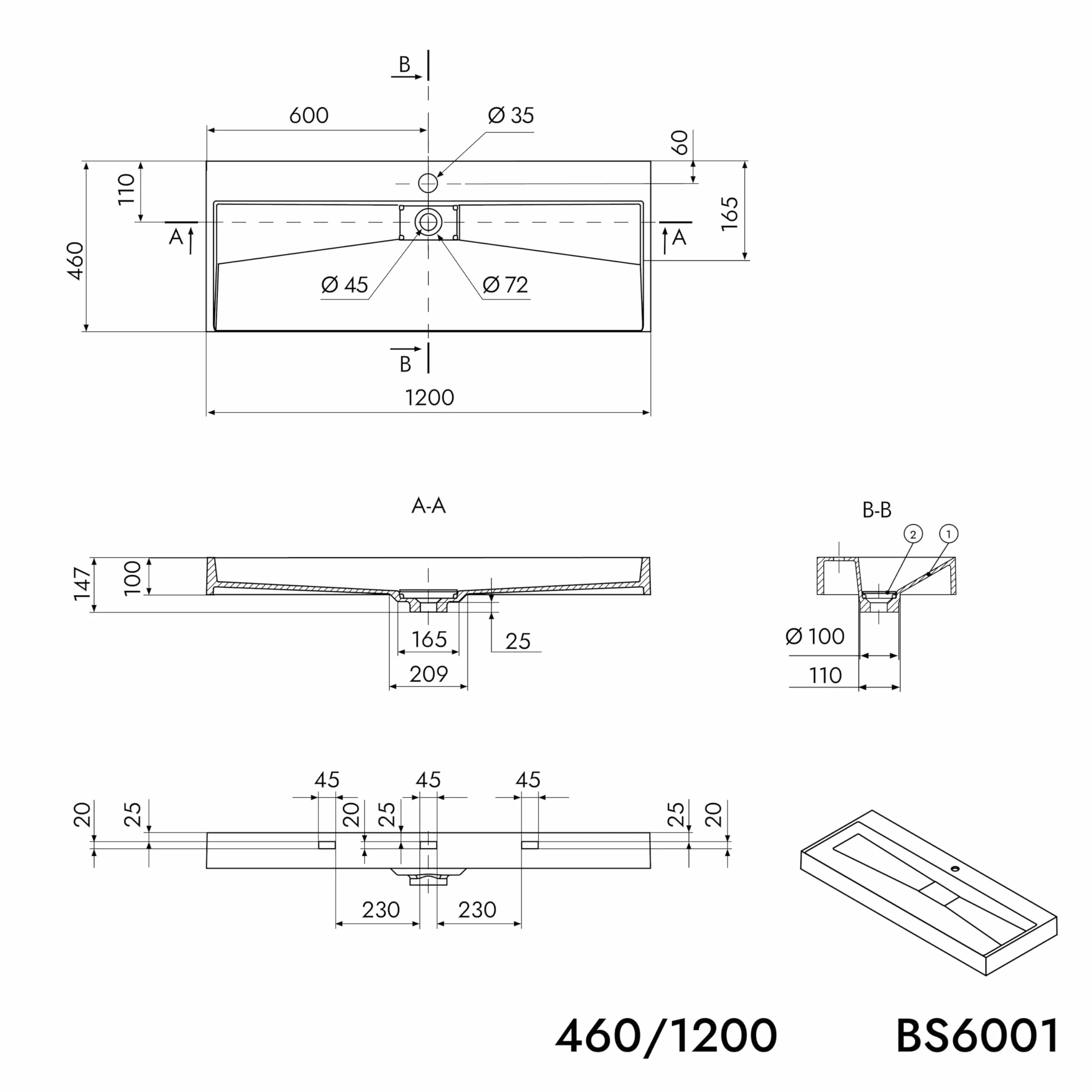 Umywalka naścienna Umywalka nablatowa BS6001 - szerokość do wyboru, szerokość: 120cm - bez otworu montażowego