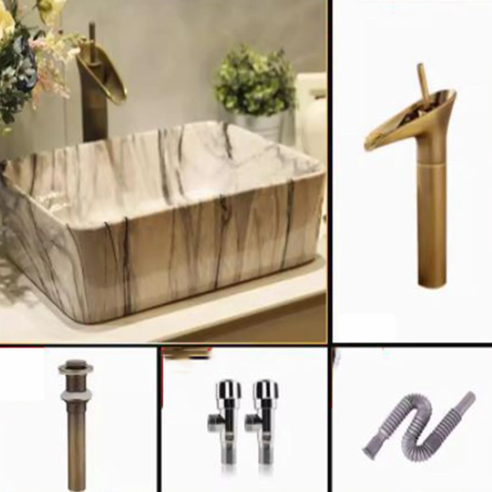 Stylowa, Prostokątna, Marmurowa Umywalka Nablatowa Z Odpływem Kranu, Elegancka Ceramiczna Miska Łazienkowa, Umywalka Nablatowa W Nowoczesnym Stylu