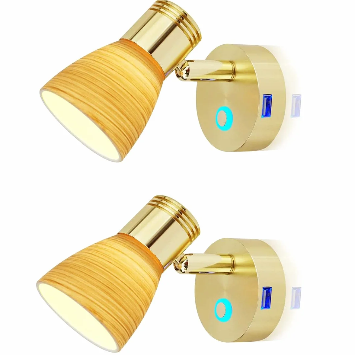 2 szt. RV 12 V lampki do czytania z portem USB, matowe szkło z wzorem drewna, polerowanie, oświetlenie wewnętrzne, aluminium ze złotym wykończeniem