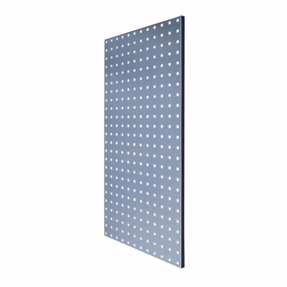 Organizer ścienny z otworami Szary metalowy organizer na ścianę – 100 x 50 cm rozwiązanie do przechowywania artykułów dla majsterkowiczów, prac ręcznych i prezentacji warsztatowych – wytrzymałe płyty