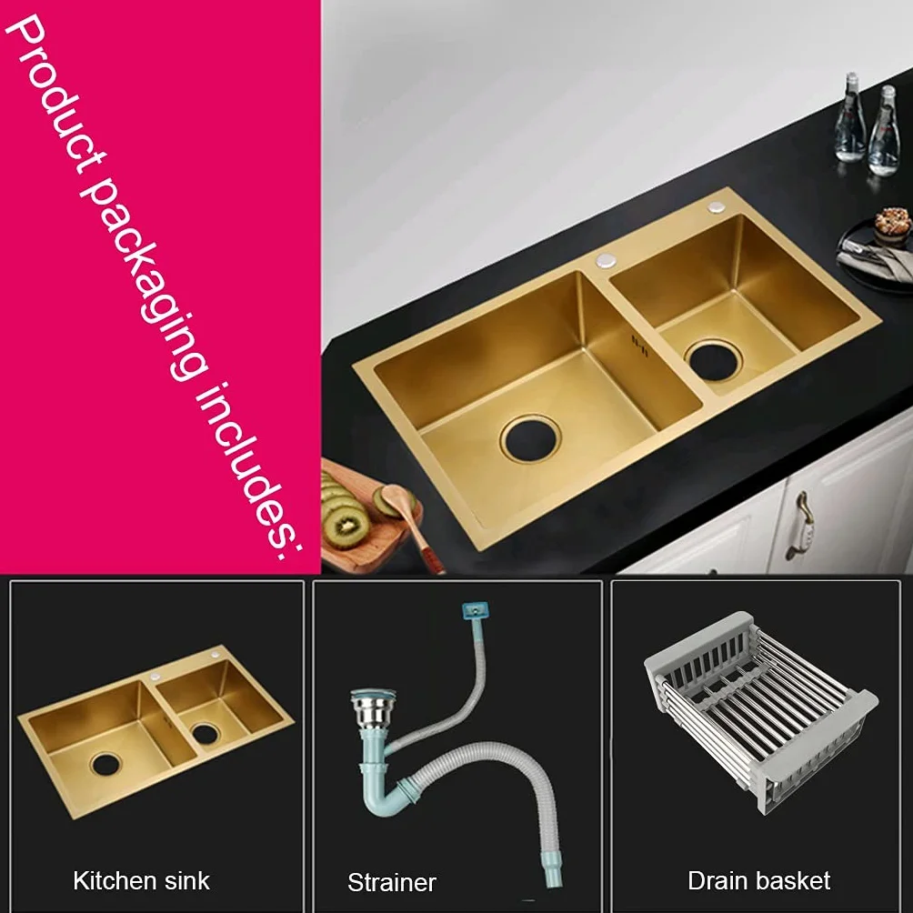 Zlewozmywak kuchenny. Szczotkowane złote podwójne miski ze stali nierdzewnej Drop In Kitchen Decoration Drop-In Or Undermount Nadaje się do kuchni Dziedziniec Biuro Bar Pralnia Koryto