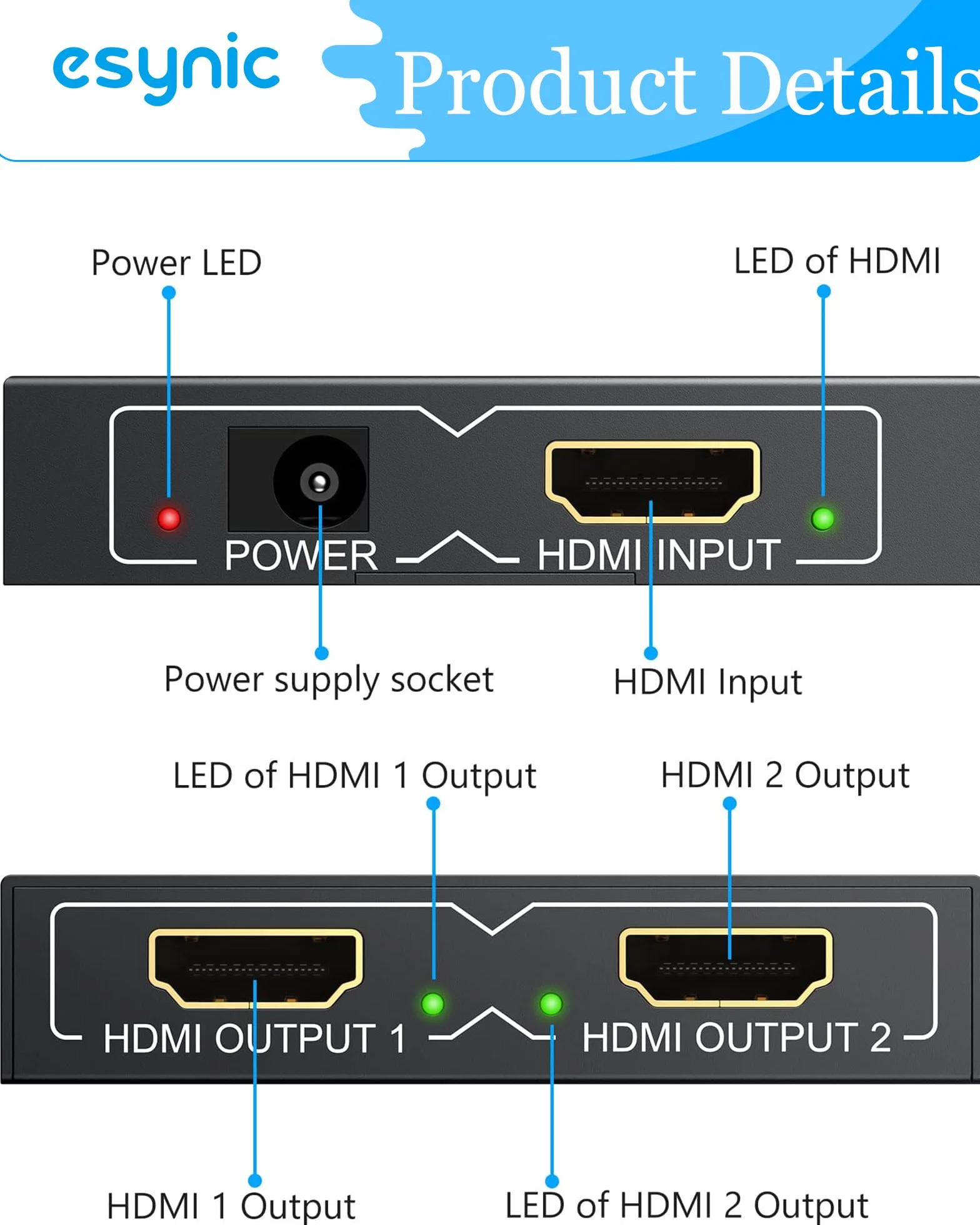 eSynic Rozdzielacz HDMI 4K/30Hz 2-drożny 1 wejście 2 wyjścia HDMI 1.4 HDCP Bypass Splitter