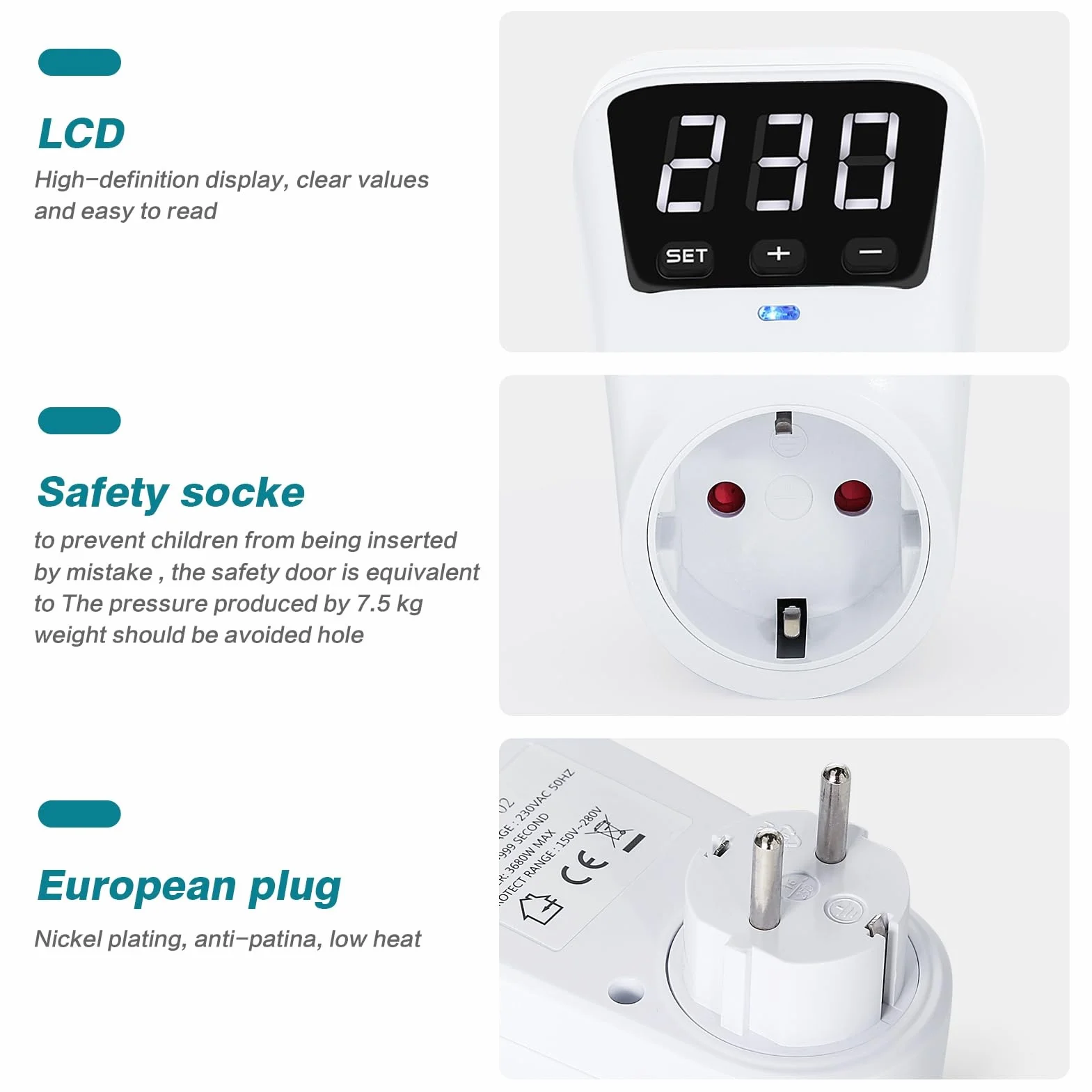 Jadeshay Zabezpieczenie przeciwprzepięciowe AC230V 16A Automatyczna ochrona przed napięciem Gniazdo stabilizatora napięcia Wtyczka UE