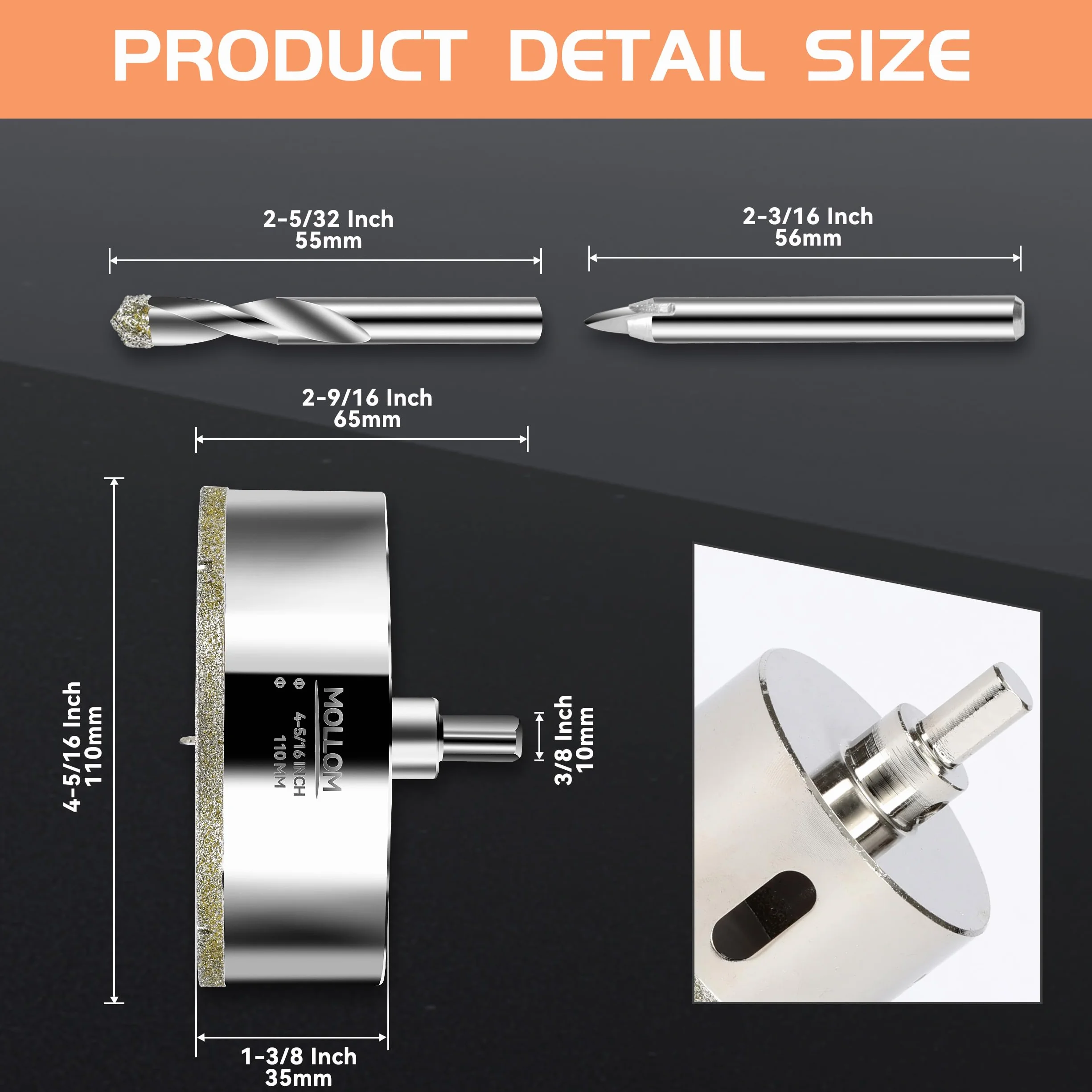 MOLLOM 4-5/16" (110mm) Piła diamentowa z 2 wymiennymi wiertłami prowadzącymi, do gładkiego cięcia płytek porcelanowych, szkła, ceramiki, marmuru, włókna szklanego i innych materiałów