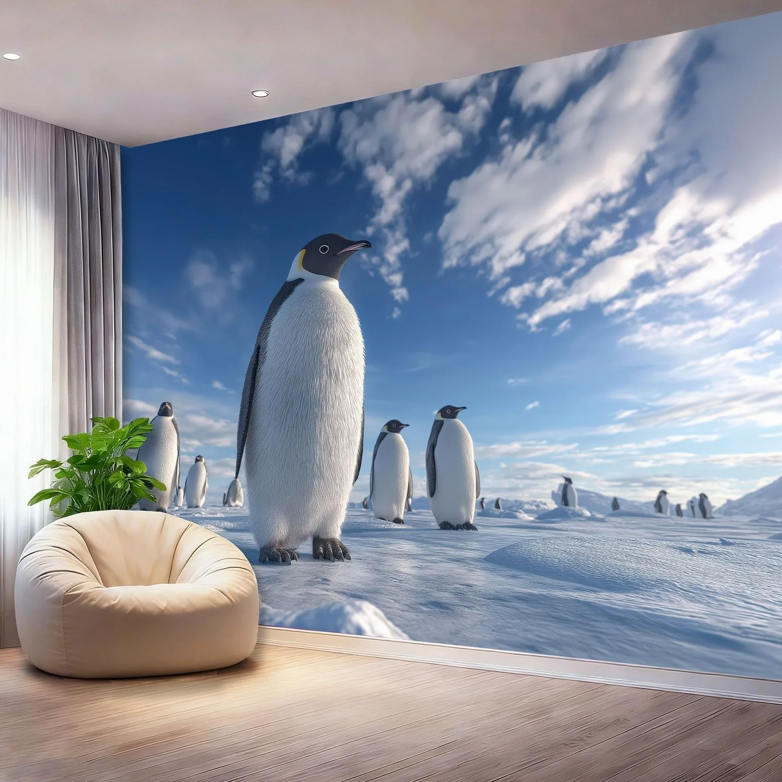 Fototapeta 400 x 280 cm ściany dekoracja salonu design natura zwierzęta pingwiny antarktyczne śnieg do sypialni salonu tapeta z włókniny, niebieski