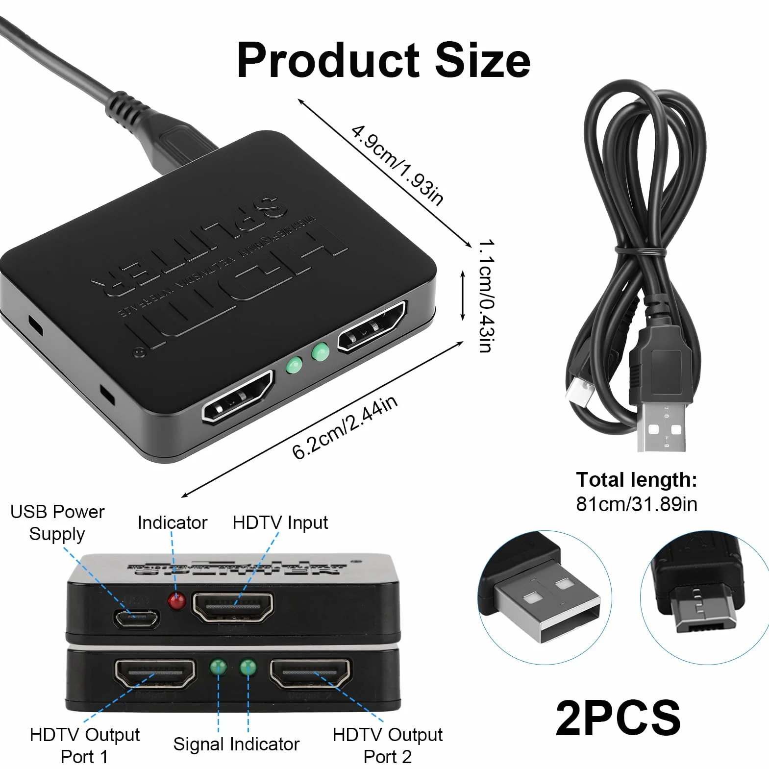 Rozdzielacz HDMI 1 w 2 wyjścia z synchronizacją audio, rozdzielacz HDMI 4K do podwójnych monitorów lustrzany wyświetlacz, do MacBooka, PC, laptopa, komputera stacjonarnego, konsoli do gier