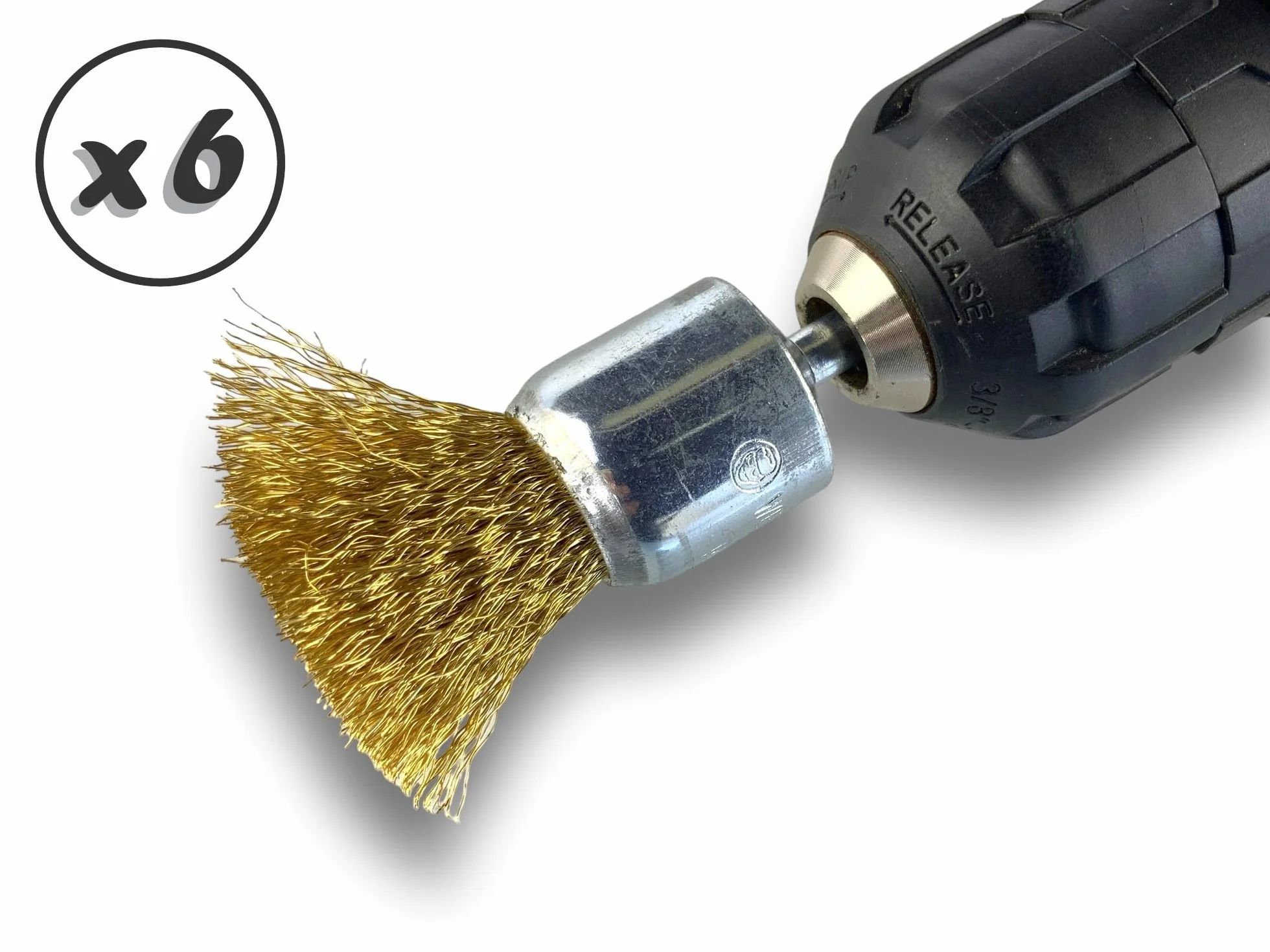 Metalowa szczotka obrotowa z końcówką Ø 22 mm | Zestaw 6 sztuk | Kształt pędzla na trzonku Ø 6 mm | Nici mosiężne Ø 0,20 mm miękkie | Do wiertarki lub wkrętarki z uchwytem | Kibros 20LV22x6