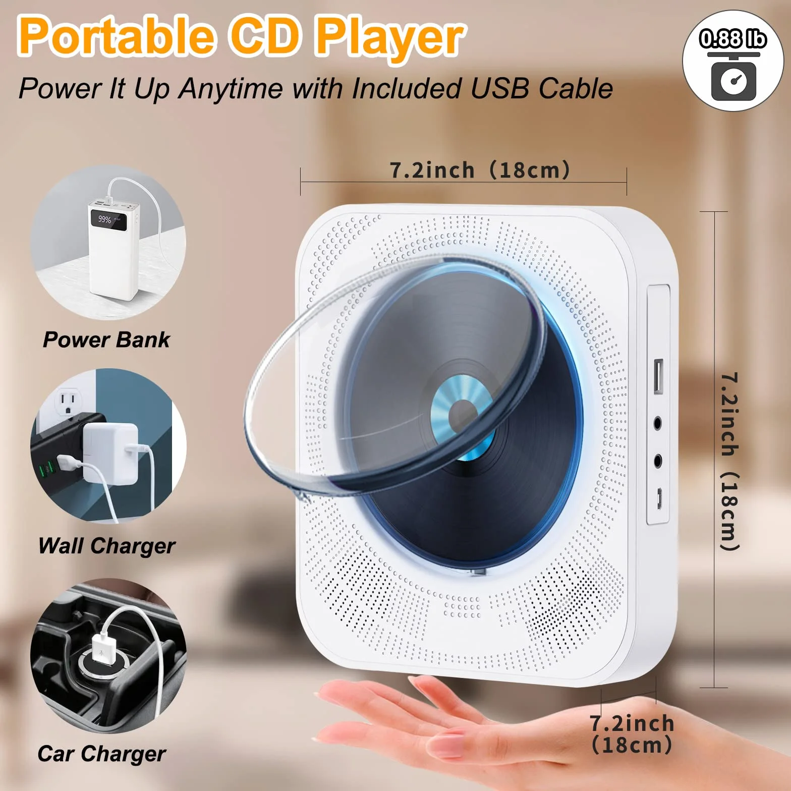 Przenośny odtwarzacz CD Bluetooth z radiem FM, głośniki HiFi USB MP3, wejście AUX 3,5 mm