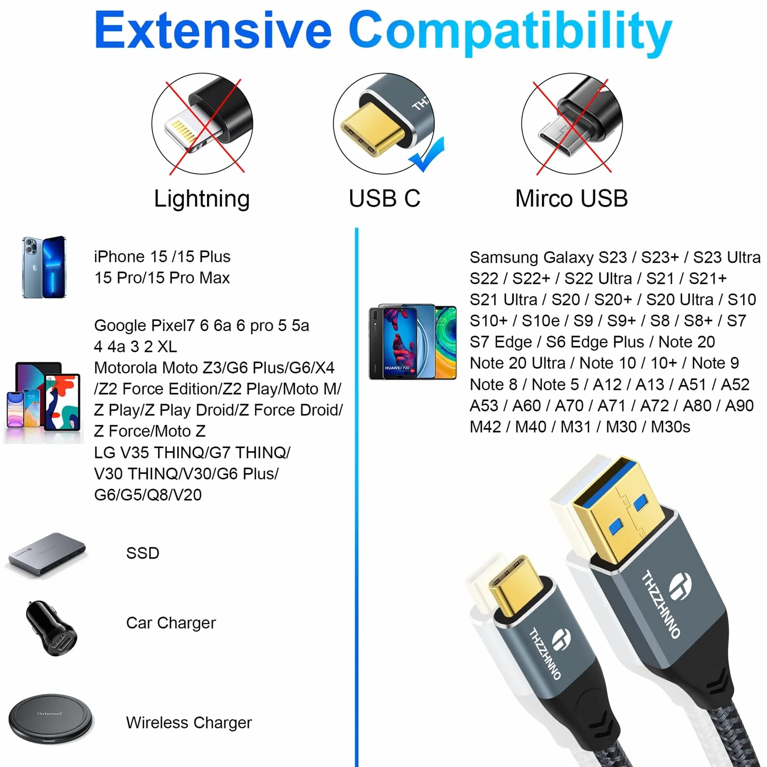 Kabel USB A na USB C 0.5m USB 3.2 Gen2 10 Gbps Nylonowy Oplot do Samsung Galaxy MacBook Pro iPad Pro