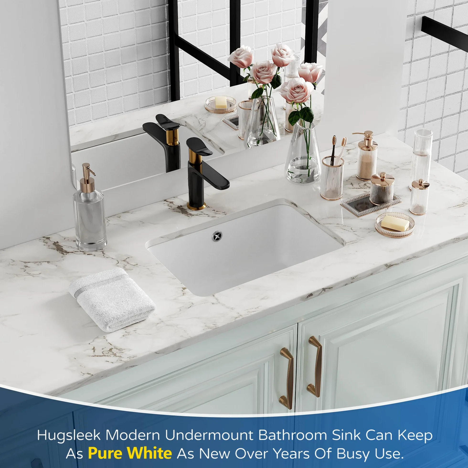 Podmontowany zlew łazienkowy prostokątny, Hugsleek wewnętrzna miska rozmiar 40 x 28 cm biała porcelanowa ceramiczna umywalka pod blatem rozmiar zewnętrzny 45 x 33 cm prostokątna umywalka wannowa