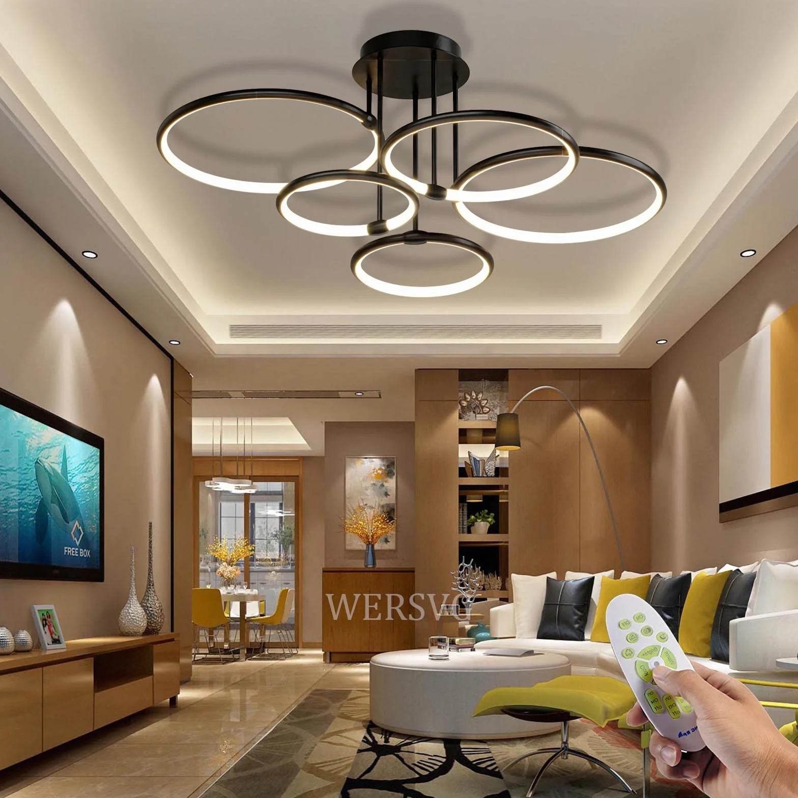 Lampa sufitowa LED Lampa do salonu Kreatywność Pierścień Lampa sufitowa Kolor światła i jasność Regulowana za pomocą pilota Żyrandol do sypialni Metal Okrągły żyrandol sufitowy (czarny, Ø93cm/108W)