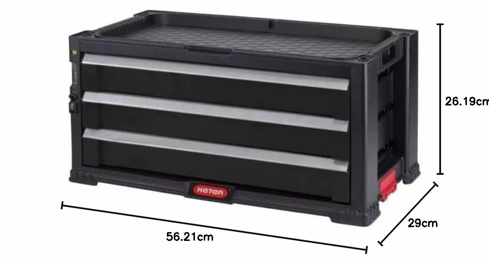 KETER Nakładka z 3 szufladami do wózka narzędziowego, czarna, 56 x 29 x 26,2 cm, modułowa, możliwość układania w stos, zamykana, z organizerem na małe części