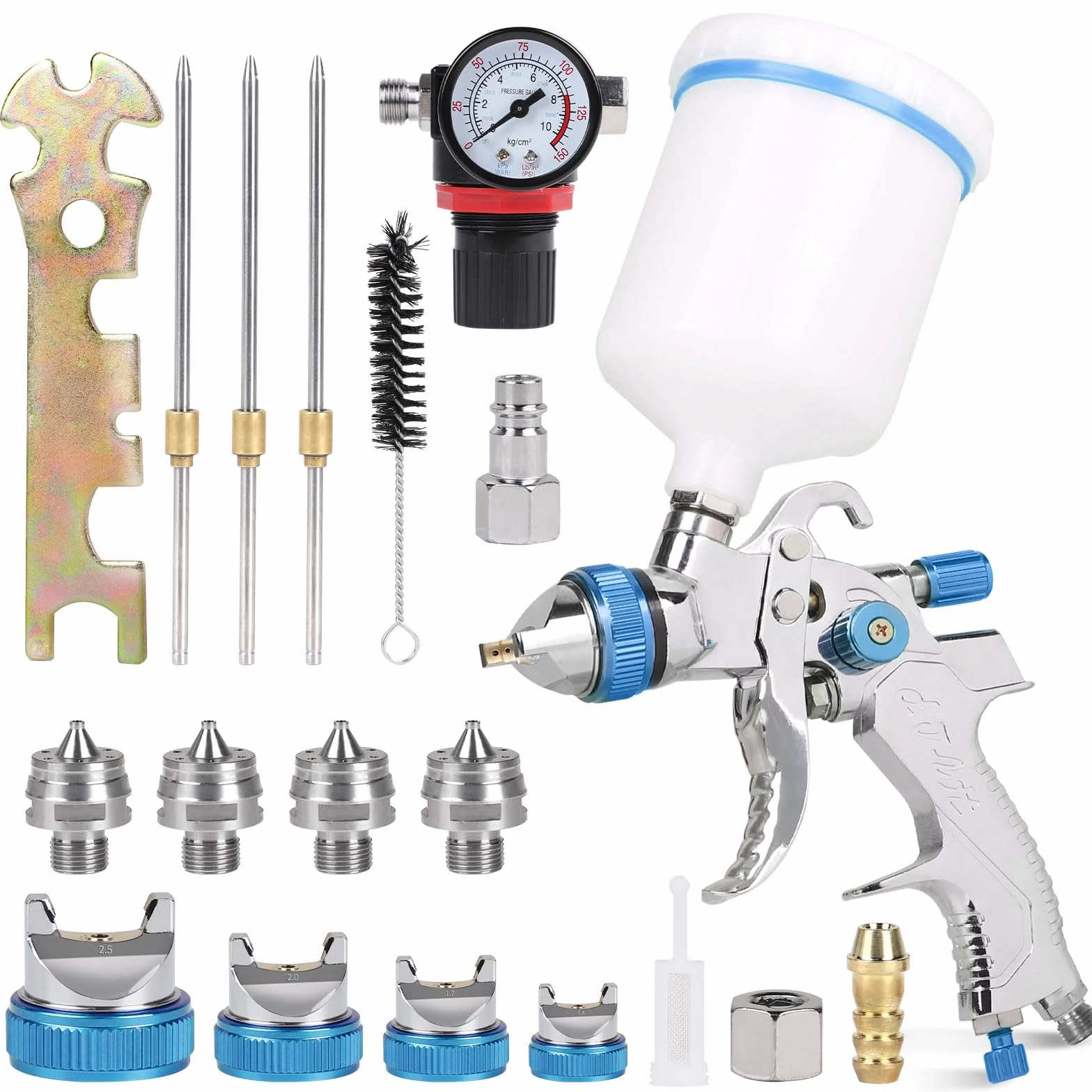 DBREAKS HVLP Pistolet natryskowy do lakierowania, 1,4/1,7/2,0/2,5 mm, pistolet natryskowy z kubkiem 600 ml + 4 zestawy dysz + regulator ciśnienia powietrza, pistolet do malowania detali, do samochodu