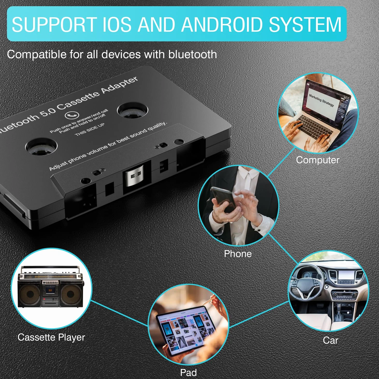Adapter kasetowy aux samochodowy Bluetooth 5.0 audio z kasety na AUX z mikrofonem/przyciskiem sterowania zdalnego