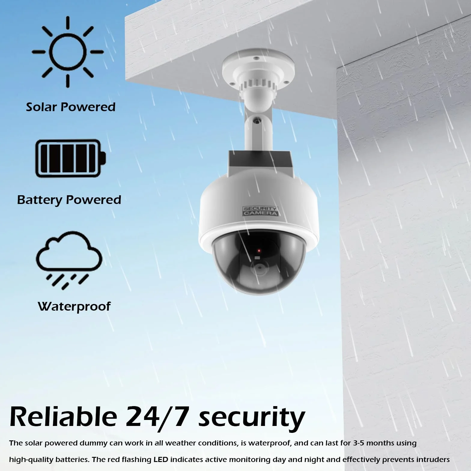 Dummy Speed Dome z energią słoneczną: sztuczna atrapa kamery monitoringowej z czerwoną migającą diodą LED, wodoszczelna, zasilana energią słoneczną, do użytku wewnątrz i na zewnątrz