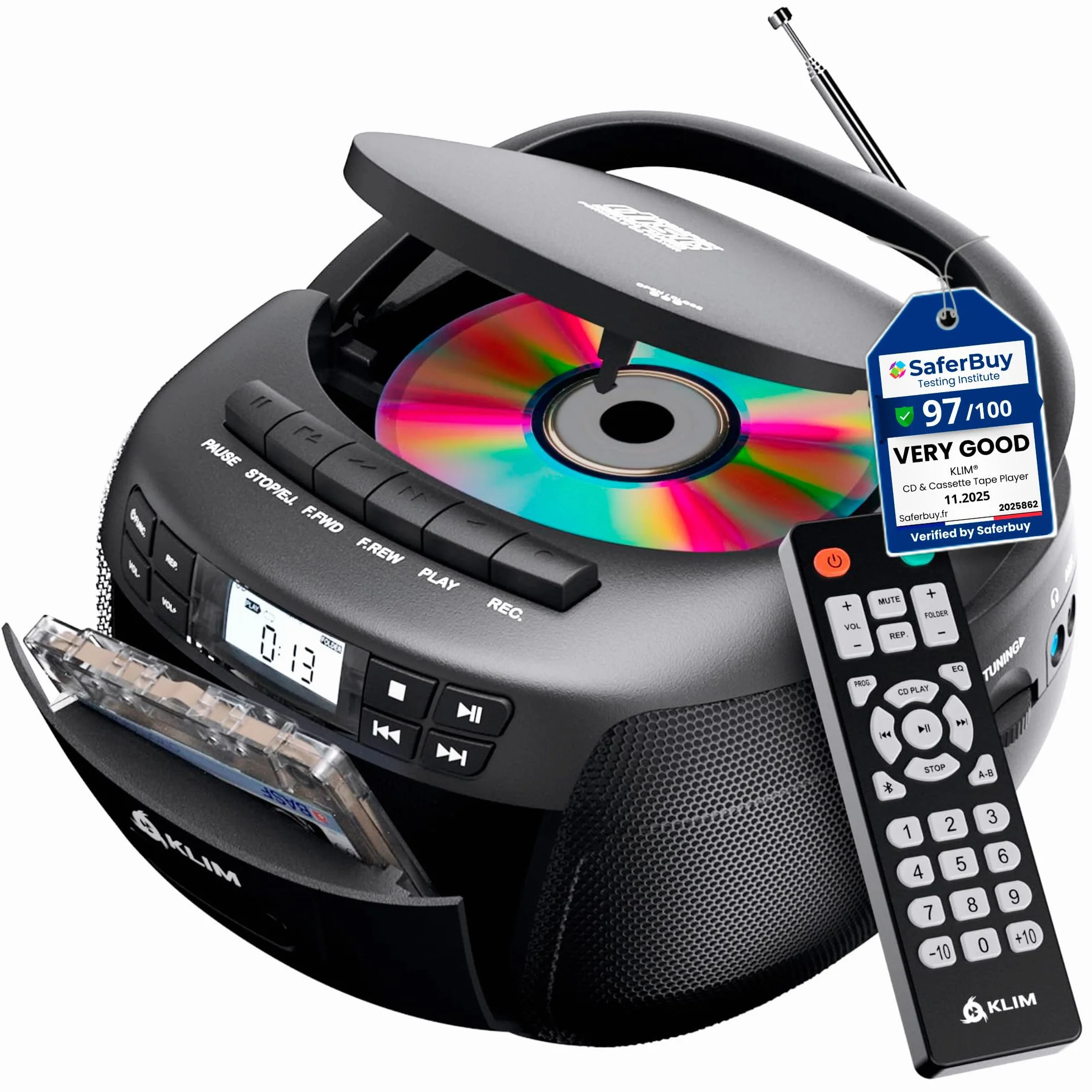 KLIM Odtwarzacz CD + odtwarzacz kasetowy audio, radio AM/FM, radio Bluetooth, odtwarzacz CD stereo, pilot zdalnego sterowania, nagrywanie na taśmie, dysk USB, AUX, radio stereo, dom, zasilanie AC/DC