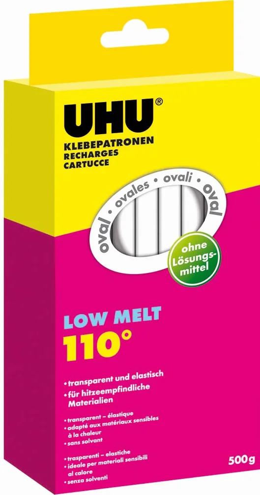 UHU Wkłady do klejenia na gorąco Low Melt, przezroczyste i owalne wkłady samoprzylepne do pistoletu UHU o niskiej temperaturze, 12 kg