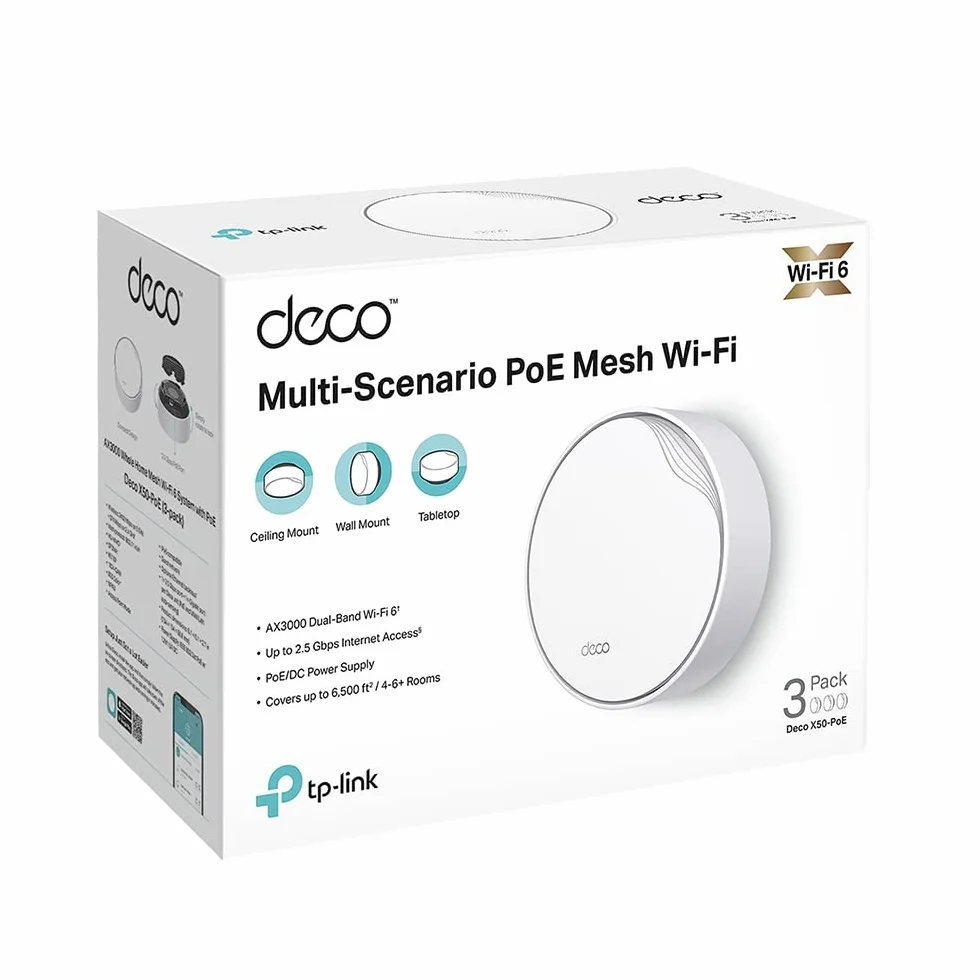 TP-Link Deco X50-PoE (3-pack), System Mesh WiFi 6 AX3000, 2x Port 2.5 Gbps, PoE i Zasilanie Alternatywne, OFDMA i MU-MIMO, AI-Driven Mesh, HomeShield, Obsługa do 150 urządzeń, Kolor: Biały