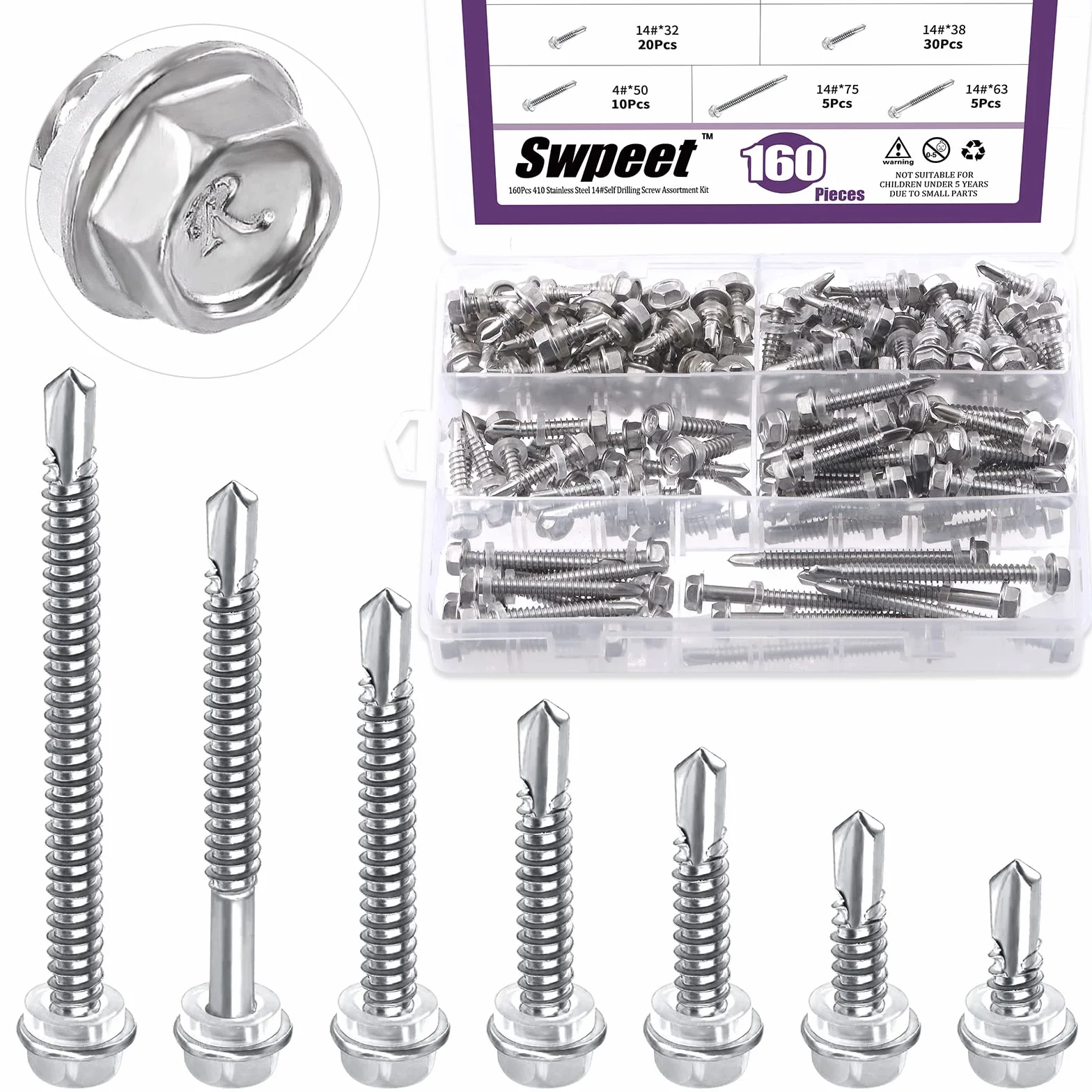 Swpeet 160 szt. 410 stal nierdzewna #14 Hex Washer Head wkręty samonocierające Asortyment zestaw wkrętów samogwintujących z łbem stożkowym wkręty samogwintujące anty-rdza metalowe zestaw śrub do metalu
