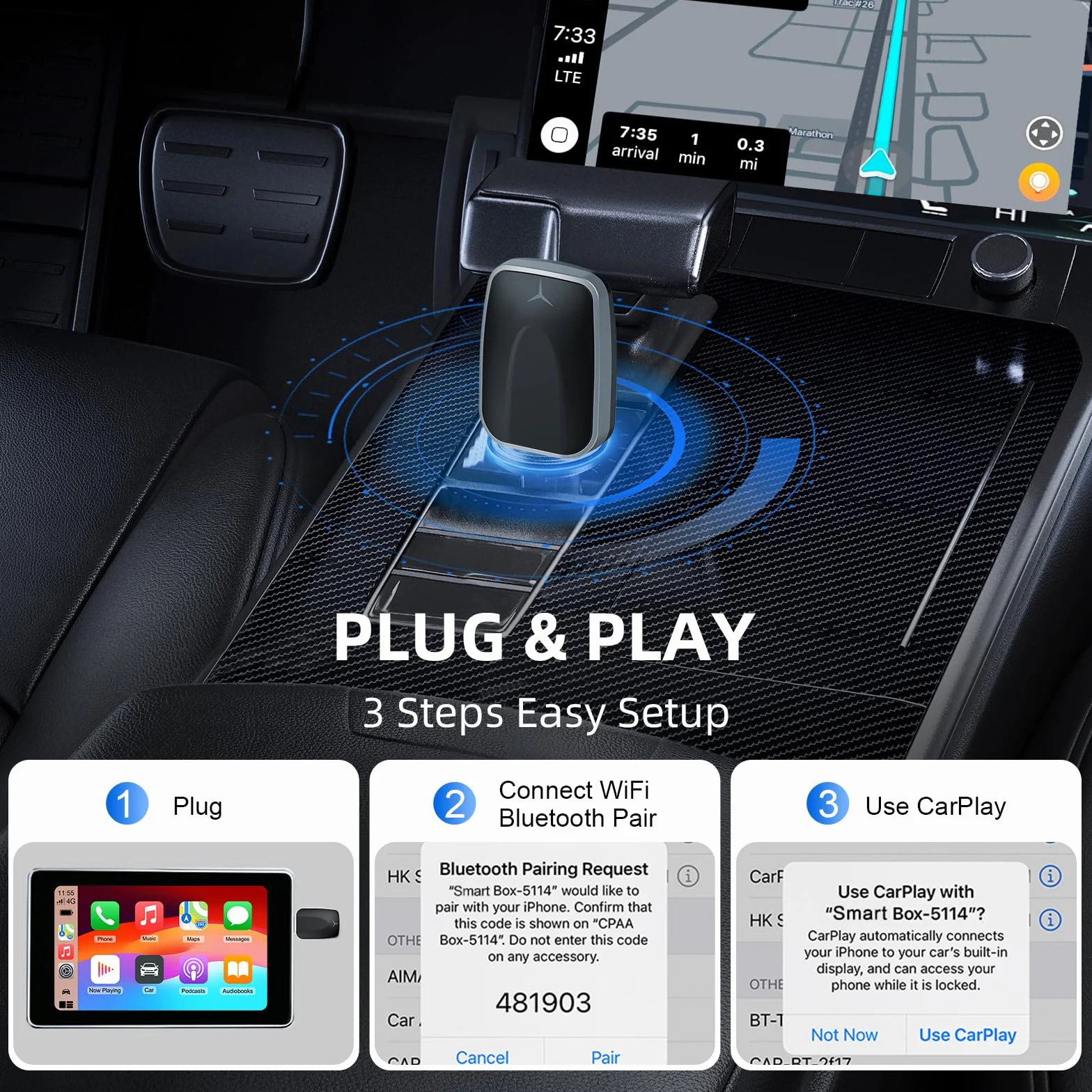 Bezprzewodowy adapter CarPlay Android Auto 2 w 1, Plug and Play, do samochodów z przewodowym CarPlay i Android Auto, obsługuje iOS 10+ i Android 11+ (jednokierunkowy Ende-075)