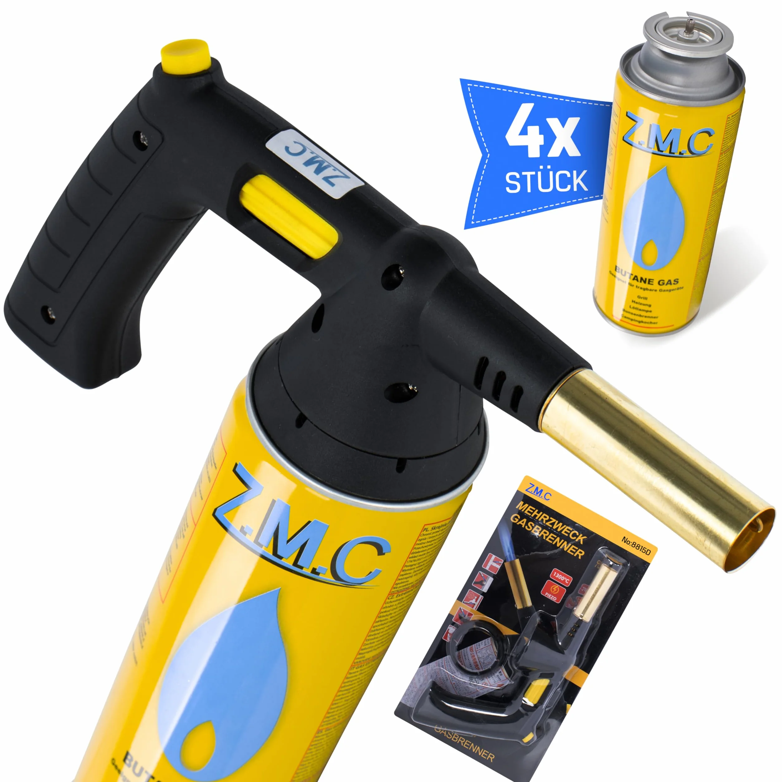 ZMC palnik do lutowania, zapalarka gazowa z zapłonem piezoelektrycznym + 4 x kartusze 227 g | nasadka Bunsena, palnik do flambira, zapalarka węgielka, lampa lutownicza