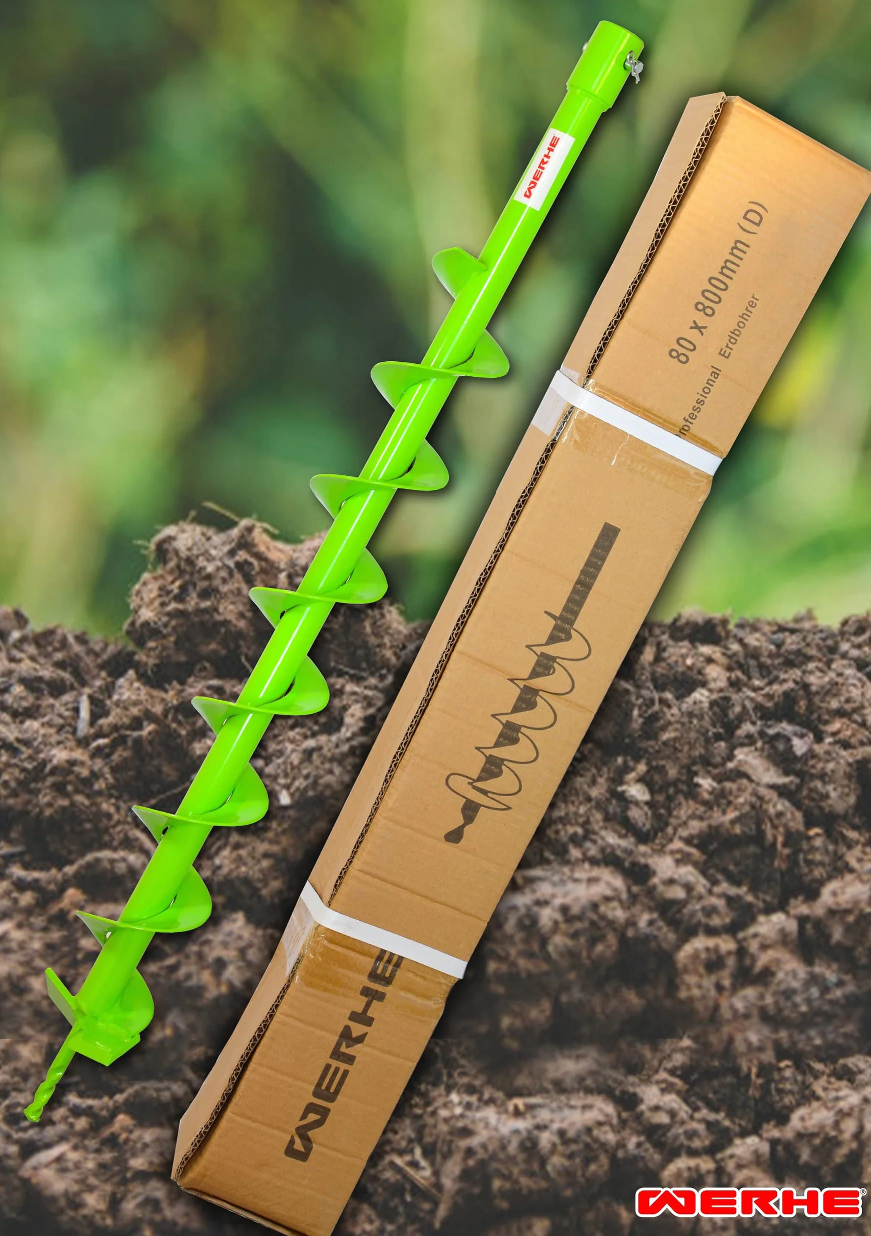 WERHE świder ziemny Ø 80 mm, długość 80 cm, do wiertarki, uchwyt 20 mm | ostrza z węglika, stal hartowana, do słupków ogrodzeniowych, drzewa, fundamenty, montaż na sworzeń i zawleczkę
