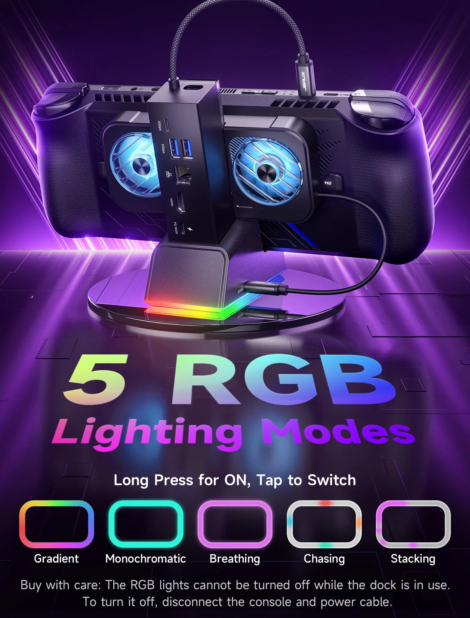 JSAUX Stacja dokująca 7 w 1 do ROG Ally X/ROG Ally/Steam Deck/Legion Go z wentylatorem chłodzącym RGB, HDMI 4K@120Hz, Gigabit Ethernet, Dual USB i USB C 3.0, ładowanie