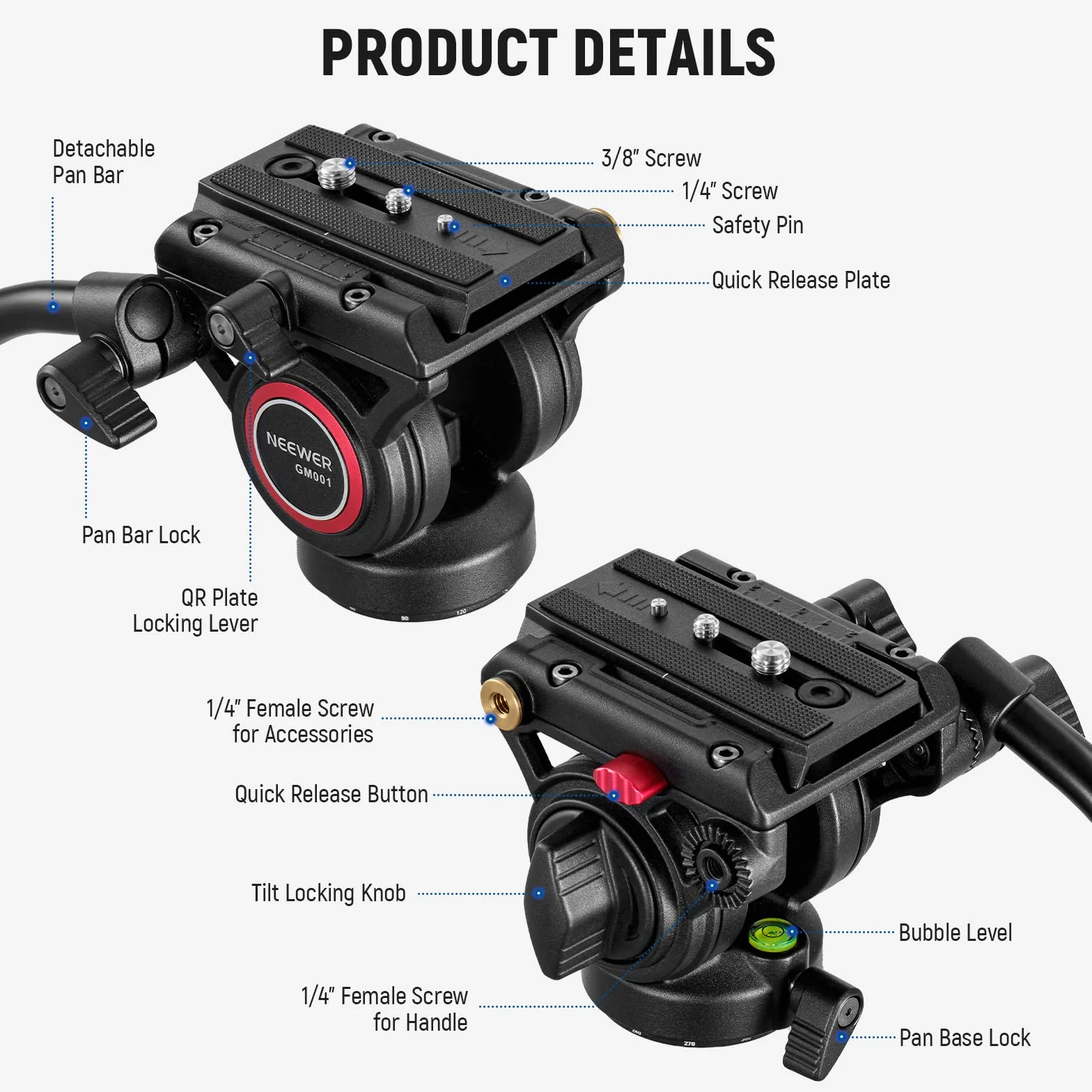 NEEWER Głowica płynu statywu wideo z płytą szybkiego zwalniania, kompatybilna z Manfrotto, ⌀55 mm, 6 kg