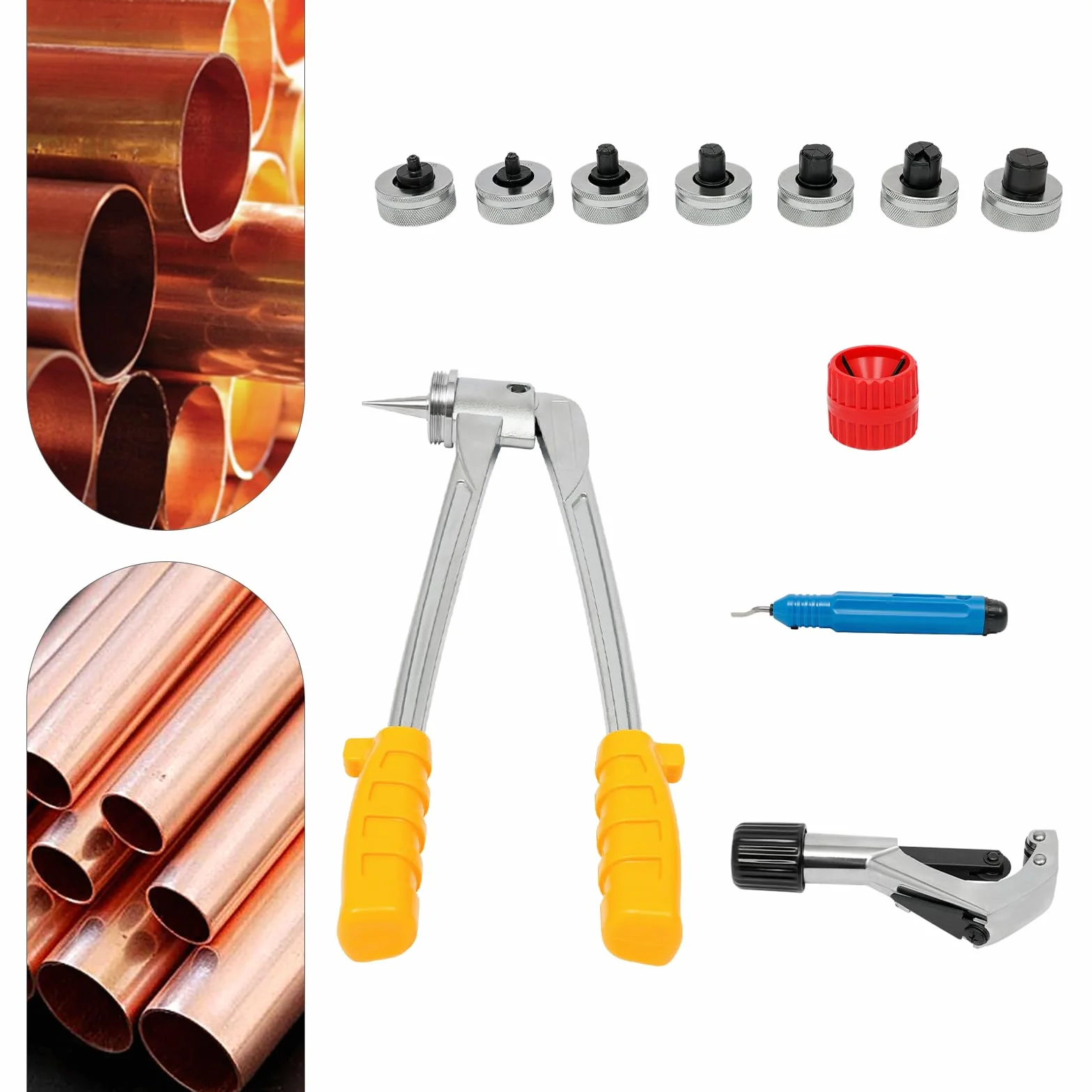 Zestaw do rozsypywania rur, 10-28 mm, z 7 głowicami rozszerzającymi, ręczny zestaw do wytłaczania rur, szczypce do rur miedzianych, aluminiowych i elastycznych stalowych