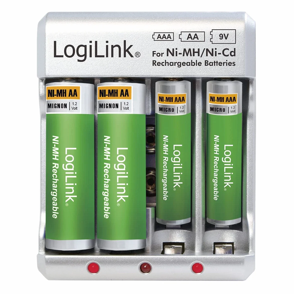 LogiLink PA0168 ładowarka do akumulatorów "AA/AAA/9V Ni-MH/Ni-Cd" srebrna